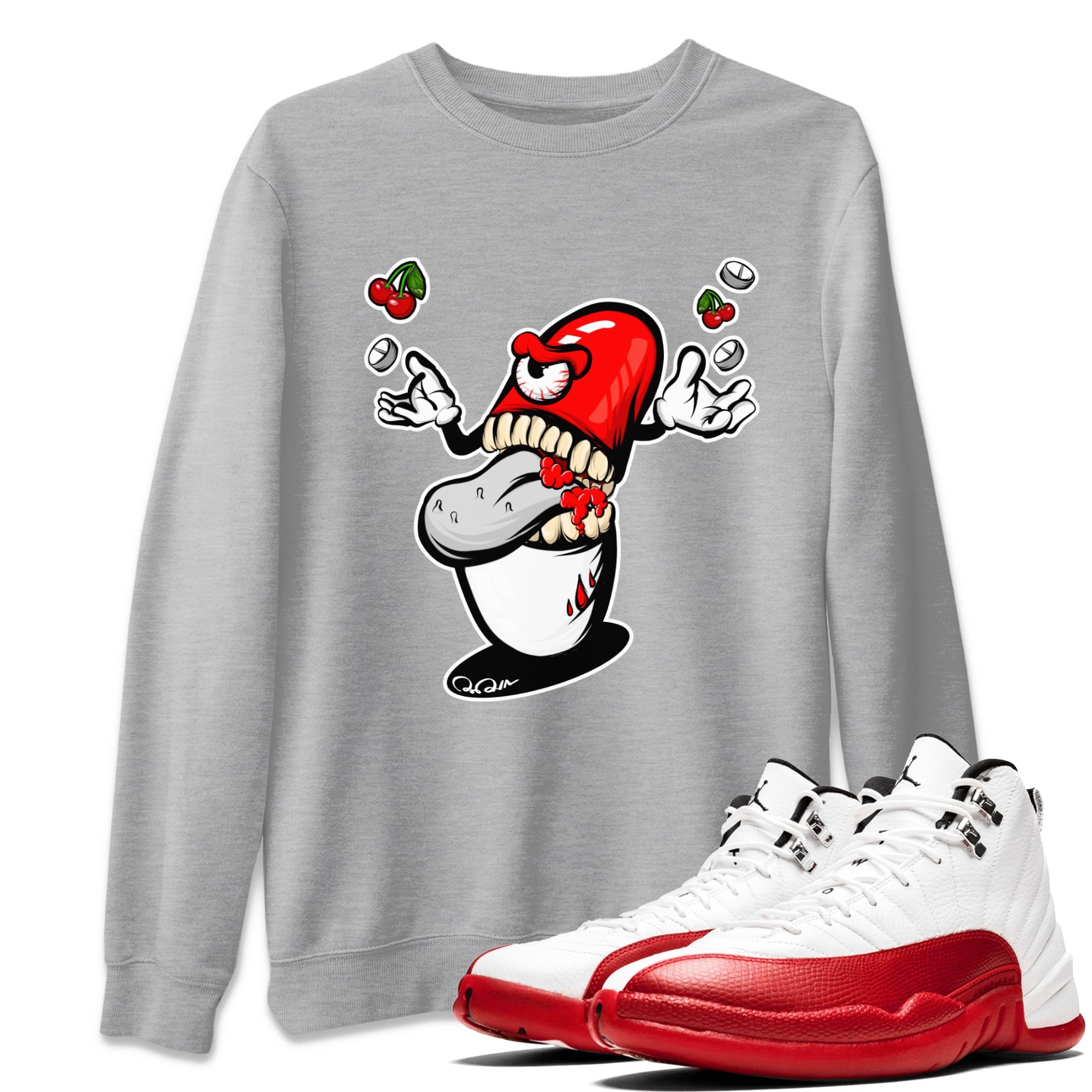 Air Jordan 12 Cherry Sneaker Match Tees Pill Monster Sneaker Tees AJ12 Cherry Sneaker Release Tees Unisex Shirts Heather Grey 1