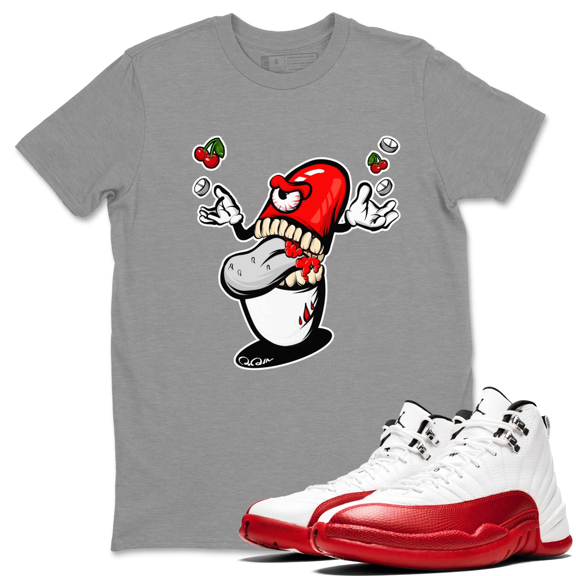 Air Jordan 12 Cherry Sneaker Match Tees Pill Monster Sneaker Tees AJ12 Cherry Sneaker Release Tees Unisex Shirts Heather Grey 1