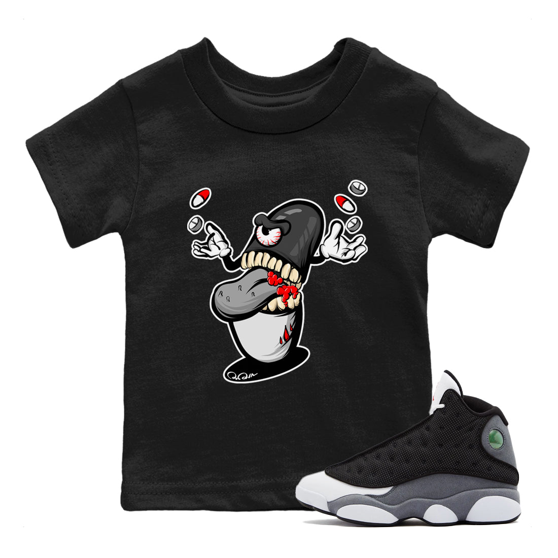 Air Jordan 13 Black Flint Sneaker Match Tees Pill Monster Sneaker Tees AJ13 Retro Black Flint Sneaker Release Tees Kids Shirts Black 1