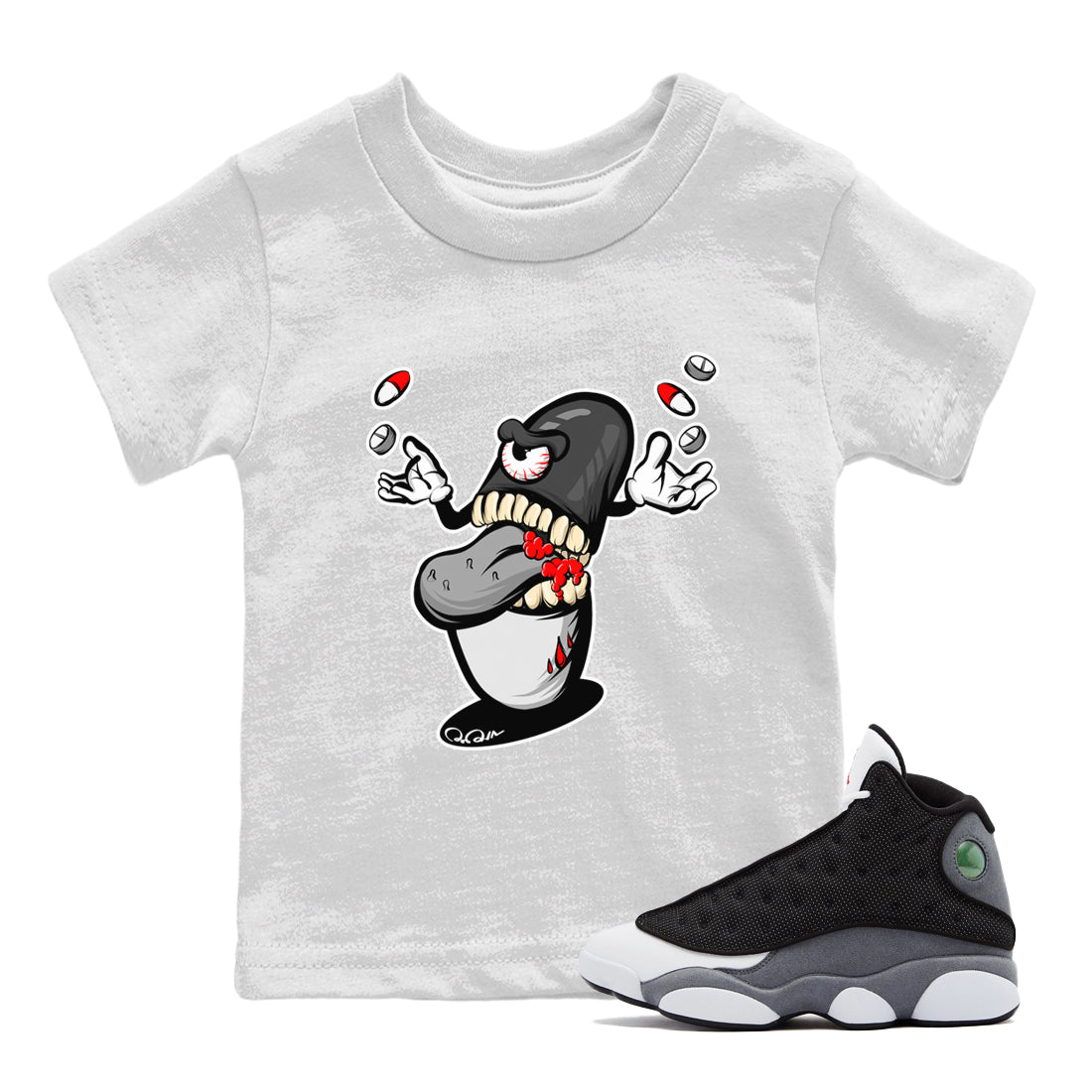 Air Jordan 13 Black Flint Sneaker Match Tees Pill Monster Sneaker Tees AJ13 Retro Black Flint Sneaker Release Tees Kids Shirts White 1
