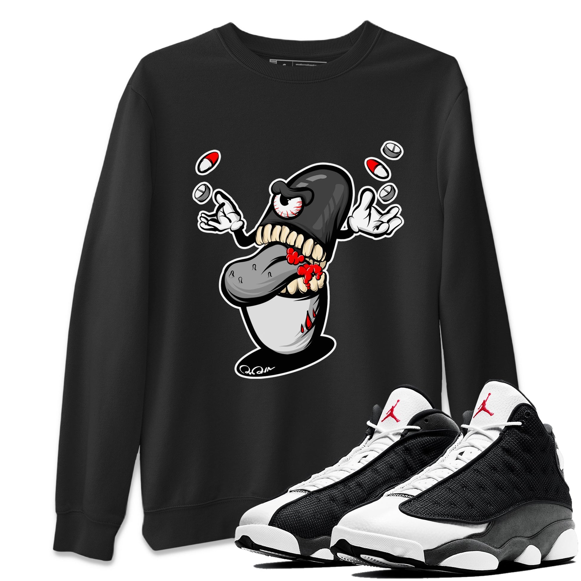 Air Jordan 13 Black Flint Sneaker Match Tees Pill Monster Sneaker Tees AJ13 Retro Black Flint Sneaker Release Tees Unisex Shirts Black 1