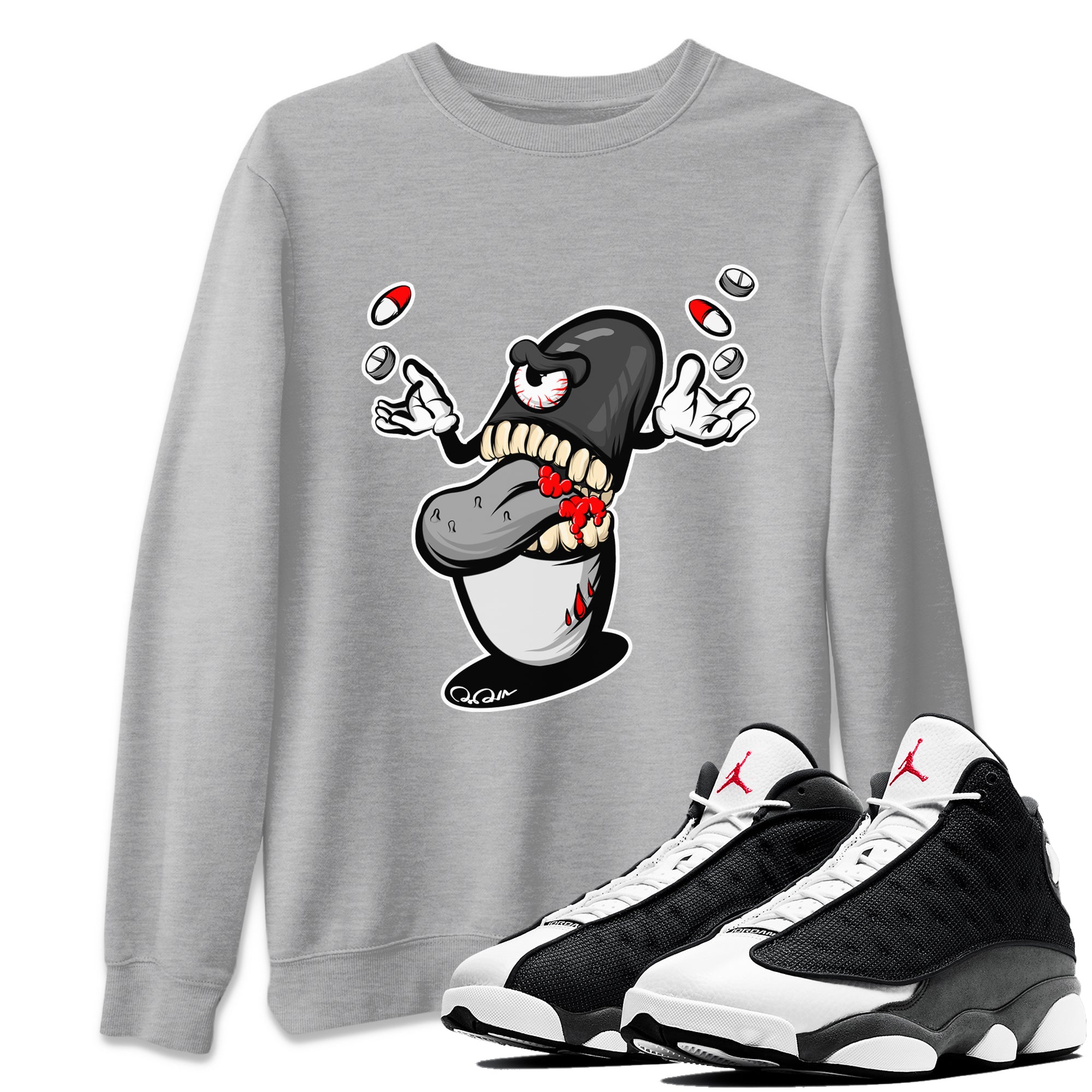 Air Jordan 13 Black Flint Sneaker Match Tees Pill Monster Sneaker Tees AJ13 Retro Black Flint Sneaker Release Tees Unisex Shirts Heather Grey 1