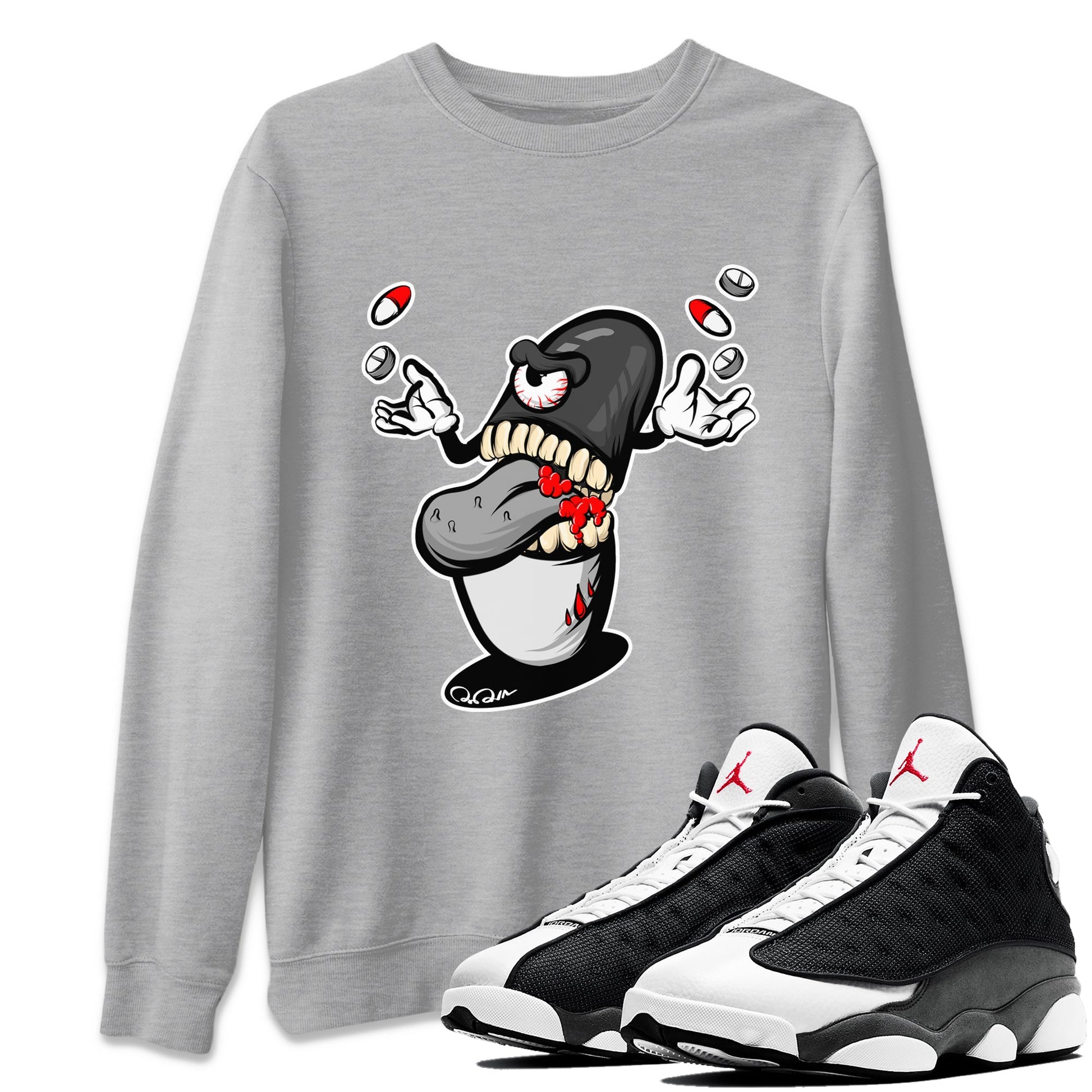 Air Jordan 13 Black Flint Sneaker Match Tees Pill Monster Sneaker Tees AJ13 Retro Black Flint Sneaker Release Tees Unisex Shirts Heather Grey 1