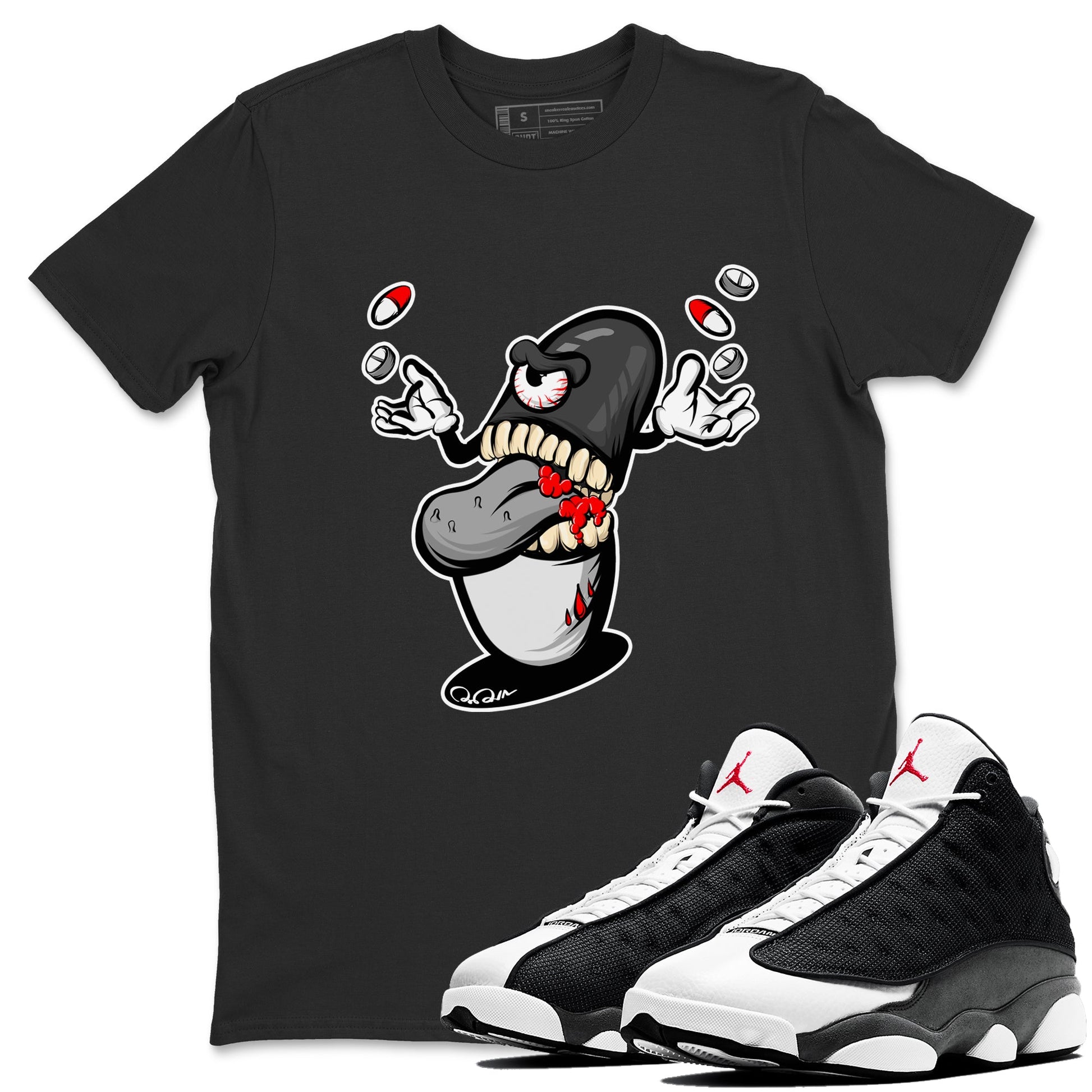 Air Jordan 13 Black Flint Sneaker Match Tees Pill Monster Sneaker Tees AJ13 Retro Black Flint Sneaker Release Tees Unisex Shirts Black 1