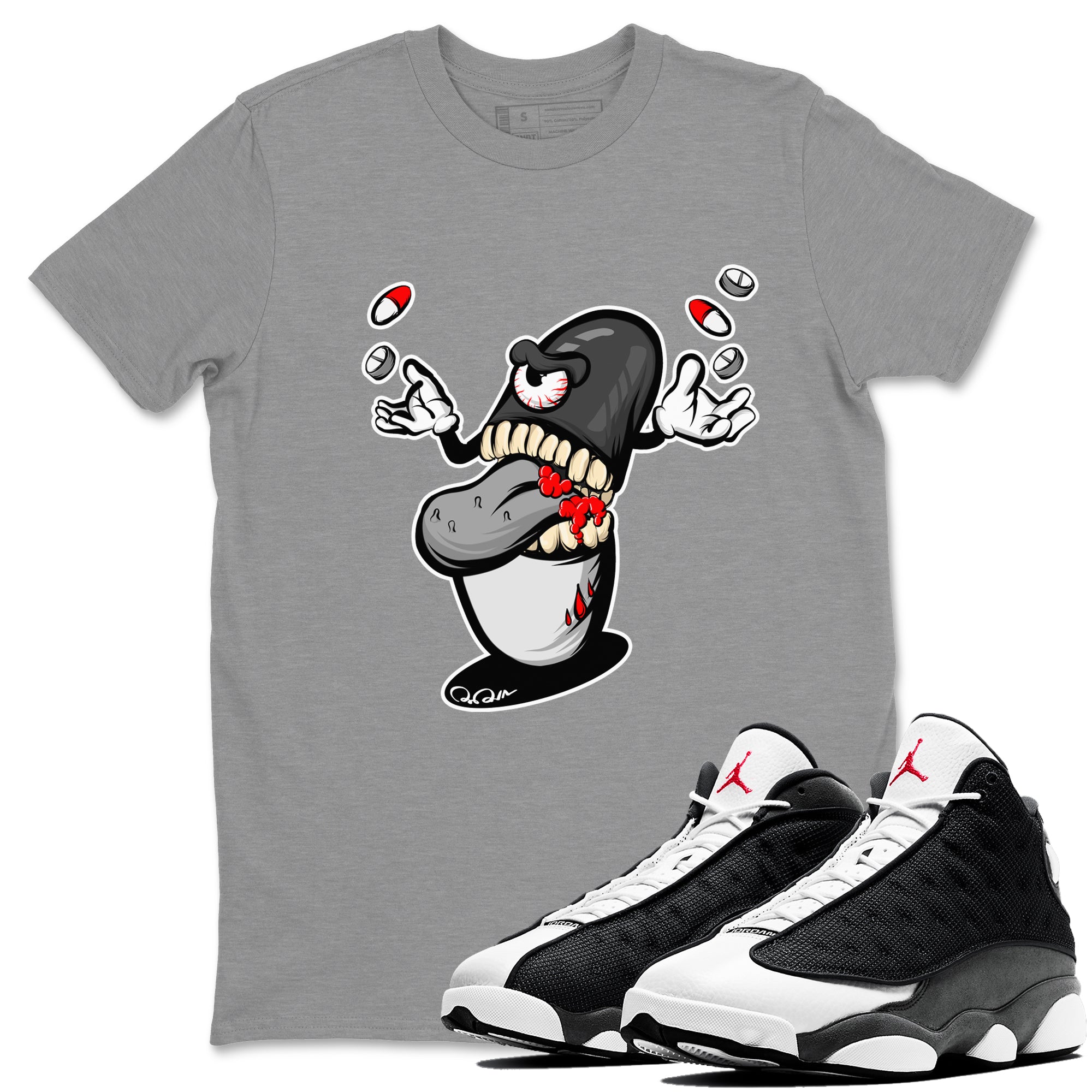 Air Jordan 13 Black Flint Sneaker Match Tees Pill Monster Sneaker Tees AJ13 Retro Black Flint Sneaker Release Tees Unisex Shirts Heather Grey 1