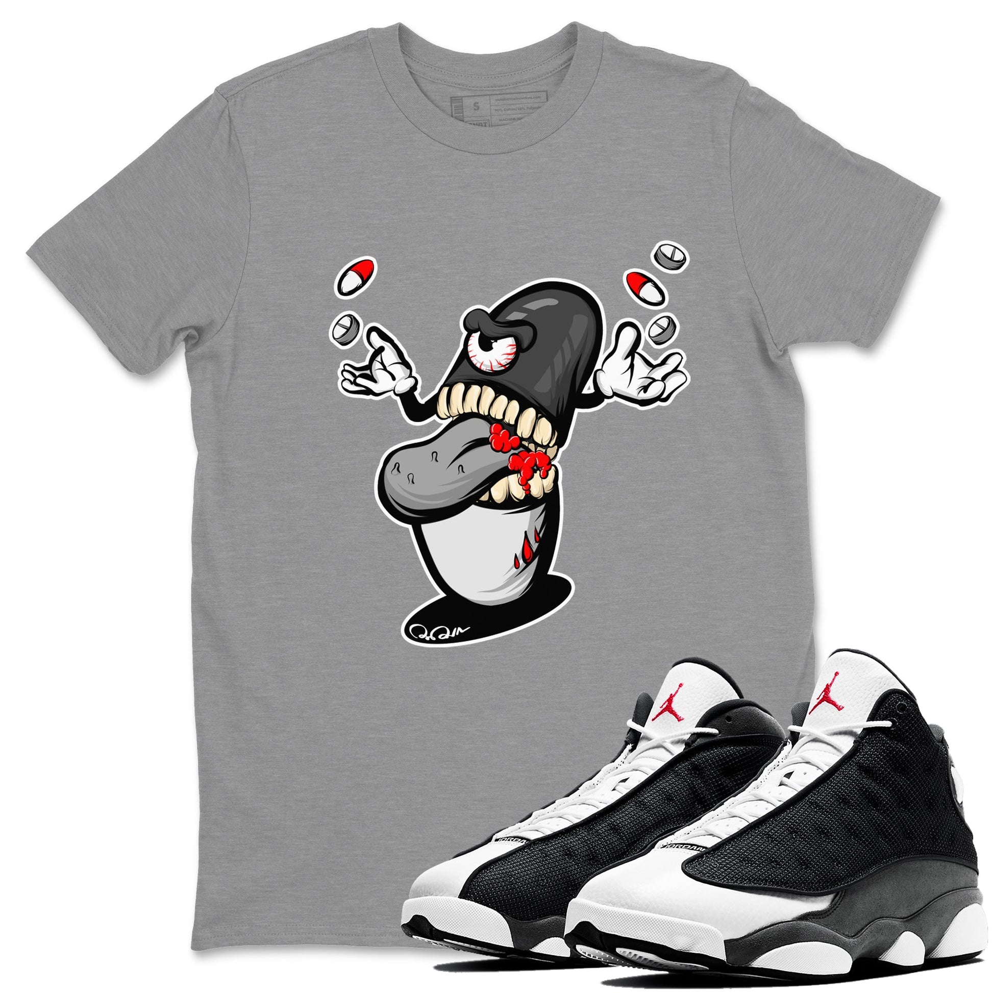 Air Jordan 13 Black Flint Sneaker Match Tees Pill Monster Sneaker Tees AJ13 Retro Black Flint Sneaker Release Tees Unisex Shirts Heather Grey 1