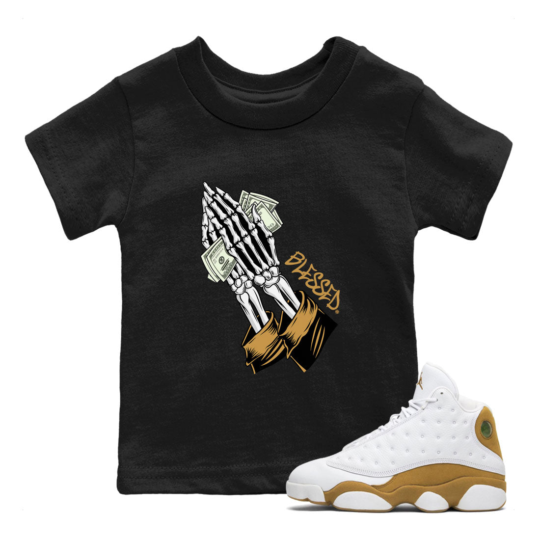 Jordan 13 Retro Wheat shirt to match jordans Praying Skeleton sneaker tees Air Jordan 13 Wheat SNRT Sneaker Tees Sneaker Matching Clothing Brand Baby Toddler Black 1 T-Shirt