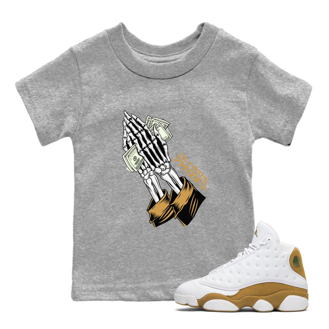 Jordan 13 Retro Wheat shirt to match jordans Praying Skeleton sneaker tees Air Jordan 13 Wheat SNRT Sneaker Tees Sneaker Matching Clothing Brand Baby Toddler Heather Grey 1 T-Shirt