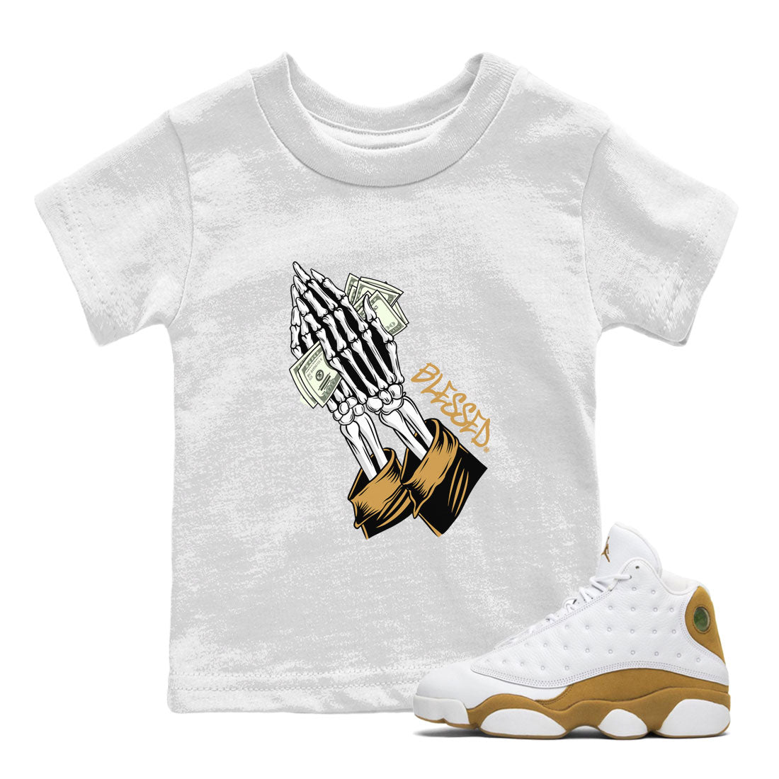 Jordan 13 Retro Wheat shirt to match jordans Praying Skeleton sneaker tees Air Jordan 13 Wheat SNRT Sneaker Tees Sneaker Matching Clothing Brand Baby Toddler White 1 T-Shirt