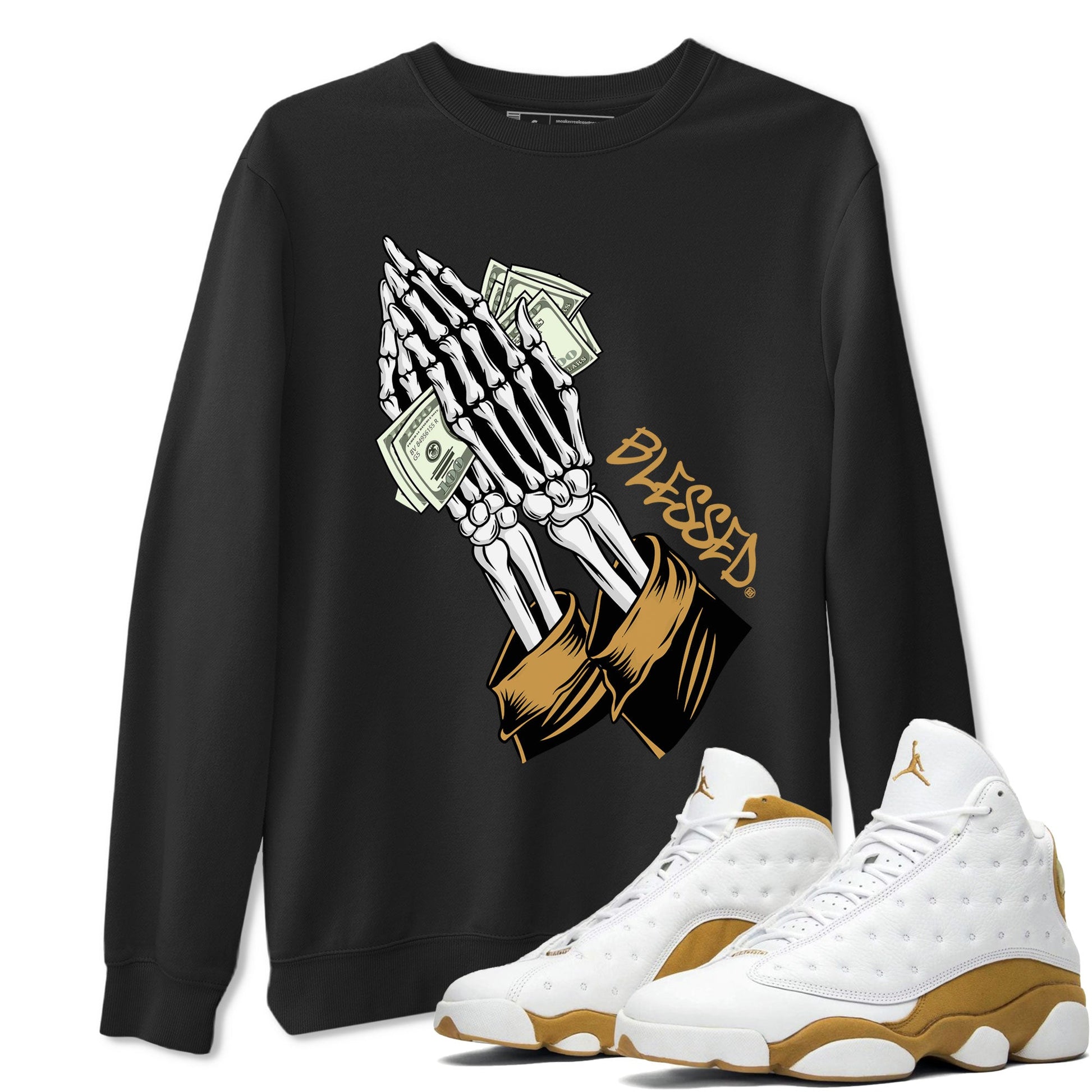 Jordan 13 Retro Wheat shirt to match jordans Praying Skeleton sneaker tees Air Jordan 13 Wheat SNRT Sneaker Tees Sneaker Matching Clothing Brand Unisex Sneaker Tee Black 1 T-Shirt