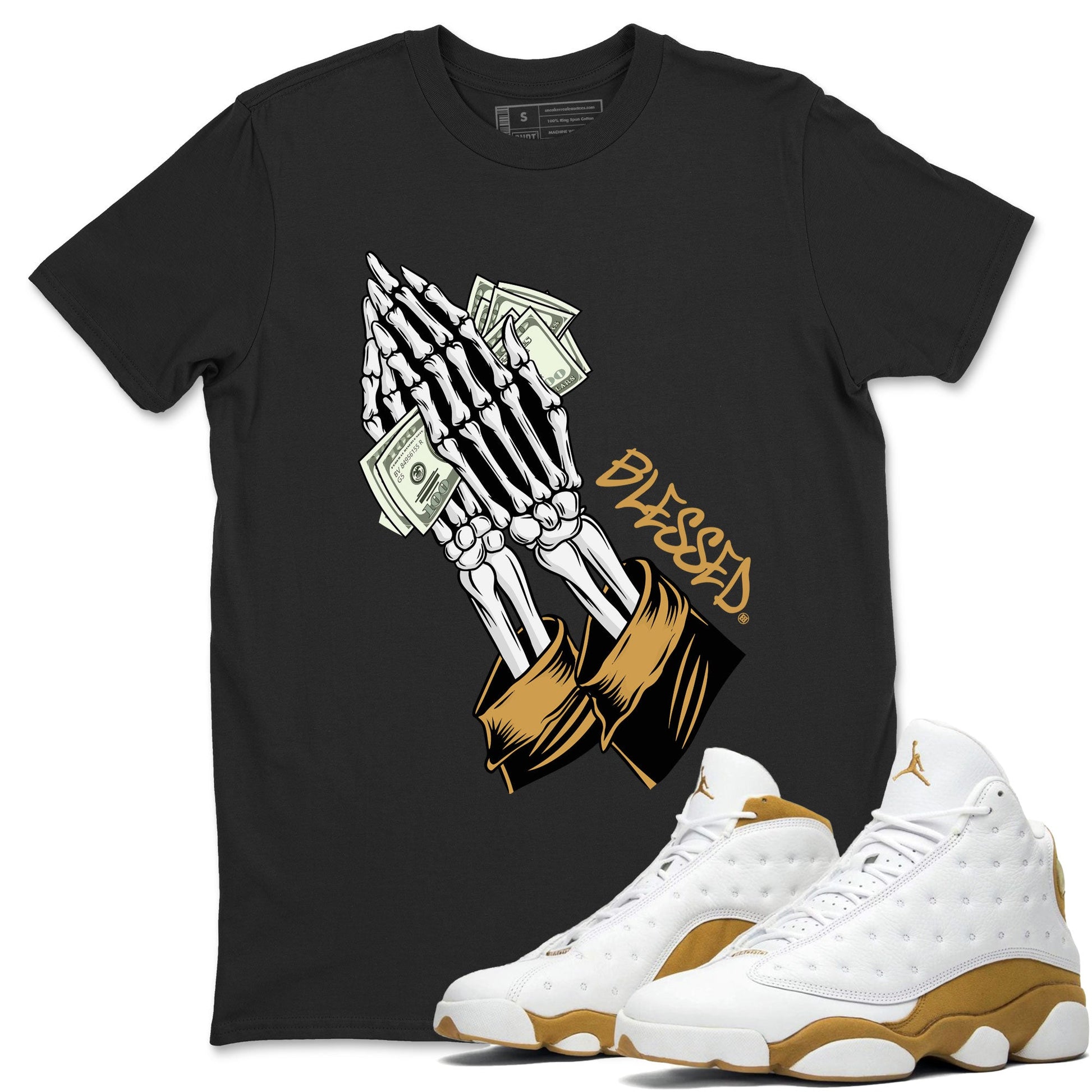 Jordan 13 Retro Wheat shirt to match jordans Praying Skeleton sneaker tees Air Jordan 13 Wheat SNRT Sneaker Tees Sneaker Matching Clothing Brand Unisex Sneaker Tee Black 1 T-Shirt