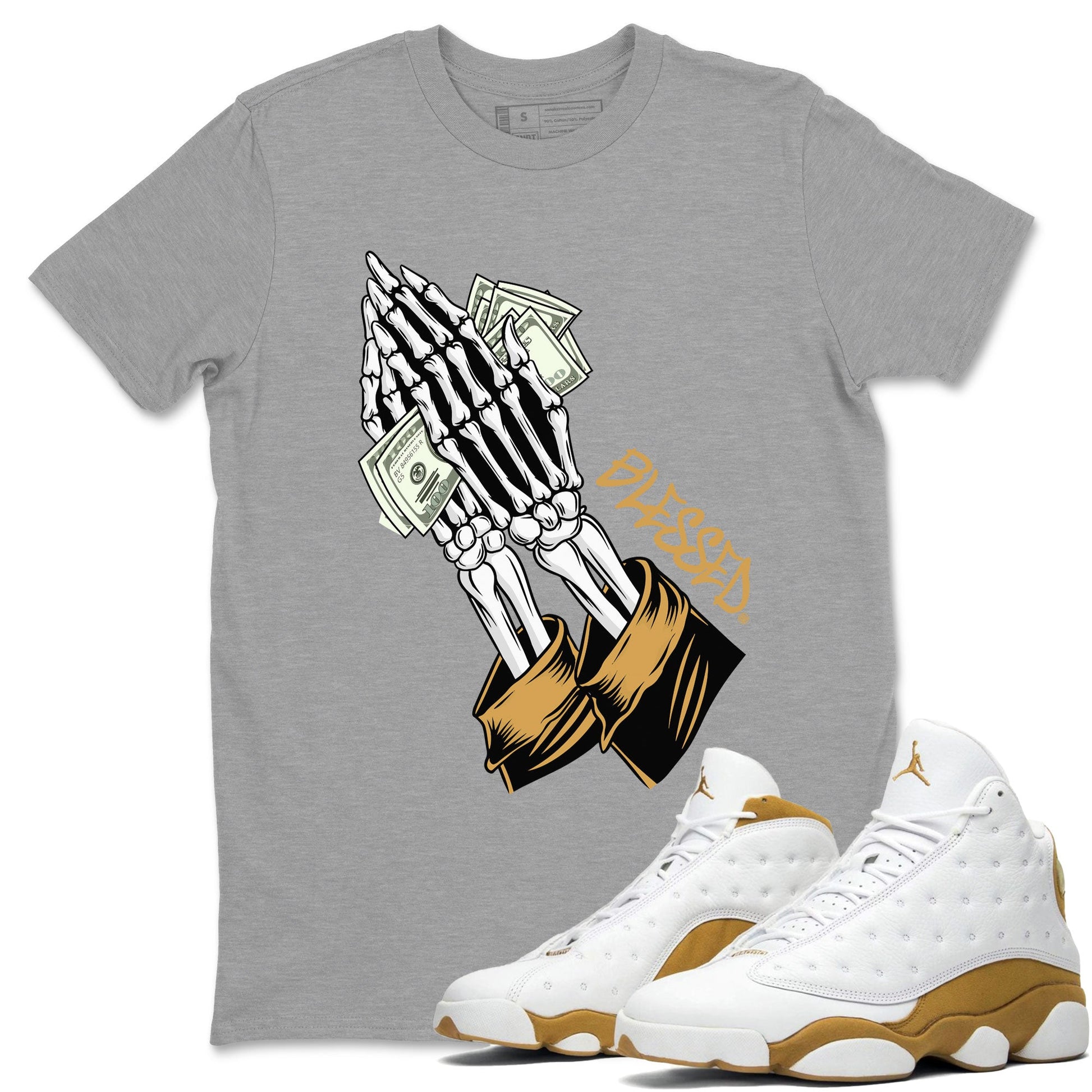 Jordan 13 Retro Wheat shirt to match jordans Praying Skeleton sneaker tees Air Jordan 13 Wheat SNRT Sneaker Tees Sneaker Matching Clothing Brand Unisex Sneaker Tee Heather Grey 1 T-Shirt