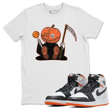 Jordan 1 Electro Orange unique Halloween sneaker tee Pumpkin Head Sneaker Tees Jordan 1 Electro Orange Sneaker Release Tees Unisex Shirts