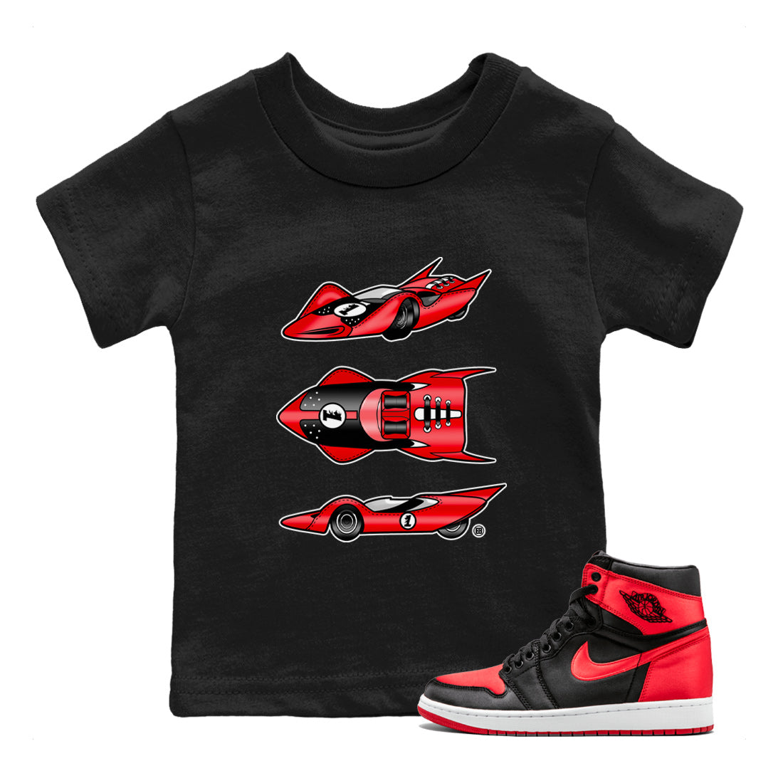 Air Jordan 1 Satin Bred Sneaker Match Tees Race Car Sneaker Tees Jordan 1 High OG Satin Bred Sneaker Release Tees Kids Shirts Black 1
