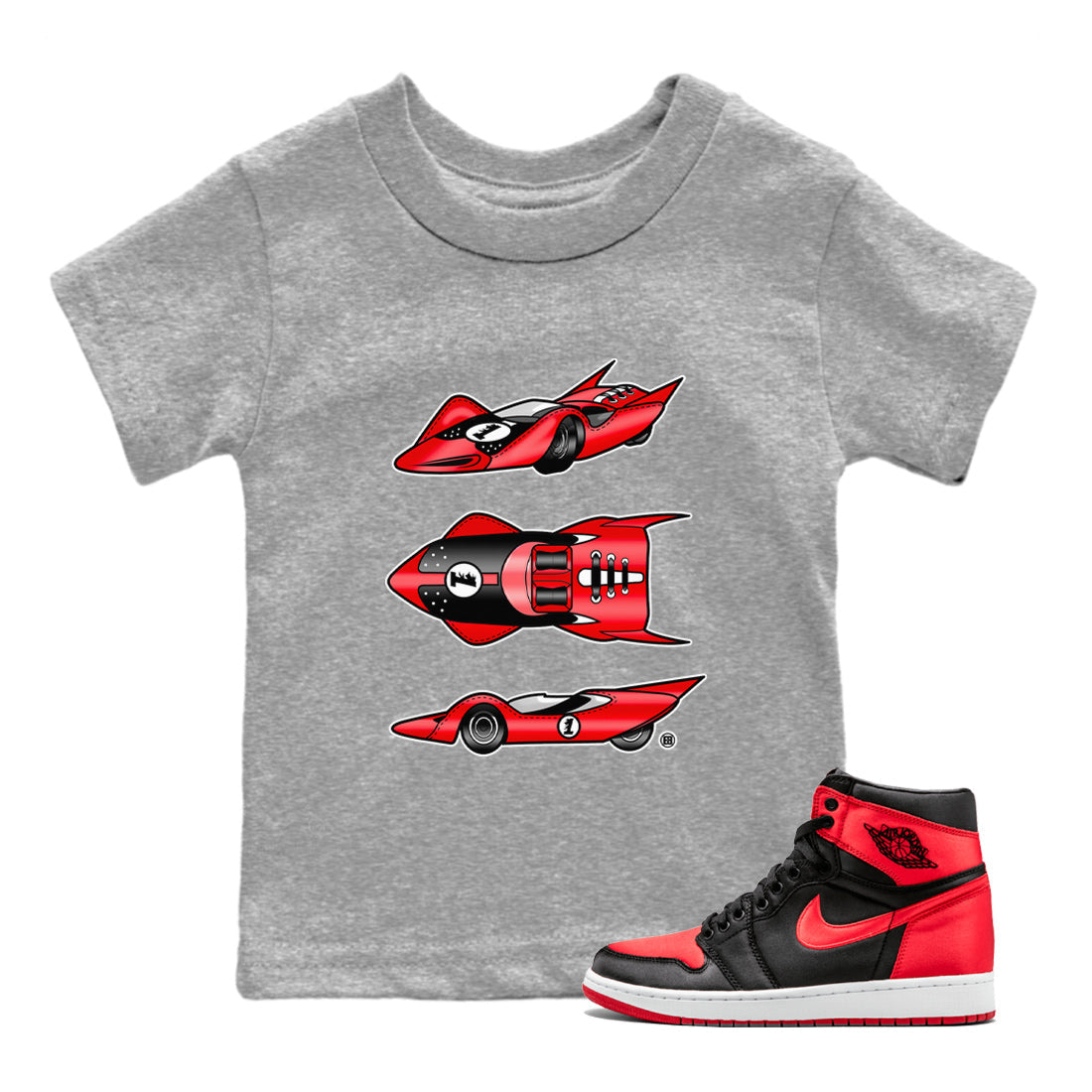 Air Jordan 1 Satin Bred Sneaker Match Tees Race Car Sneaker Tees Jordan 1 High OG Satin Bred Sneaker Release Tees Kids Shirts Heather Grey 1