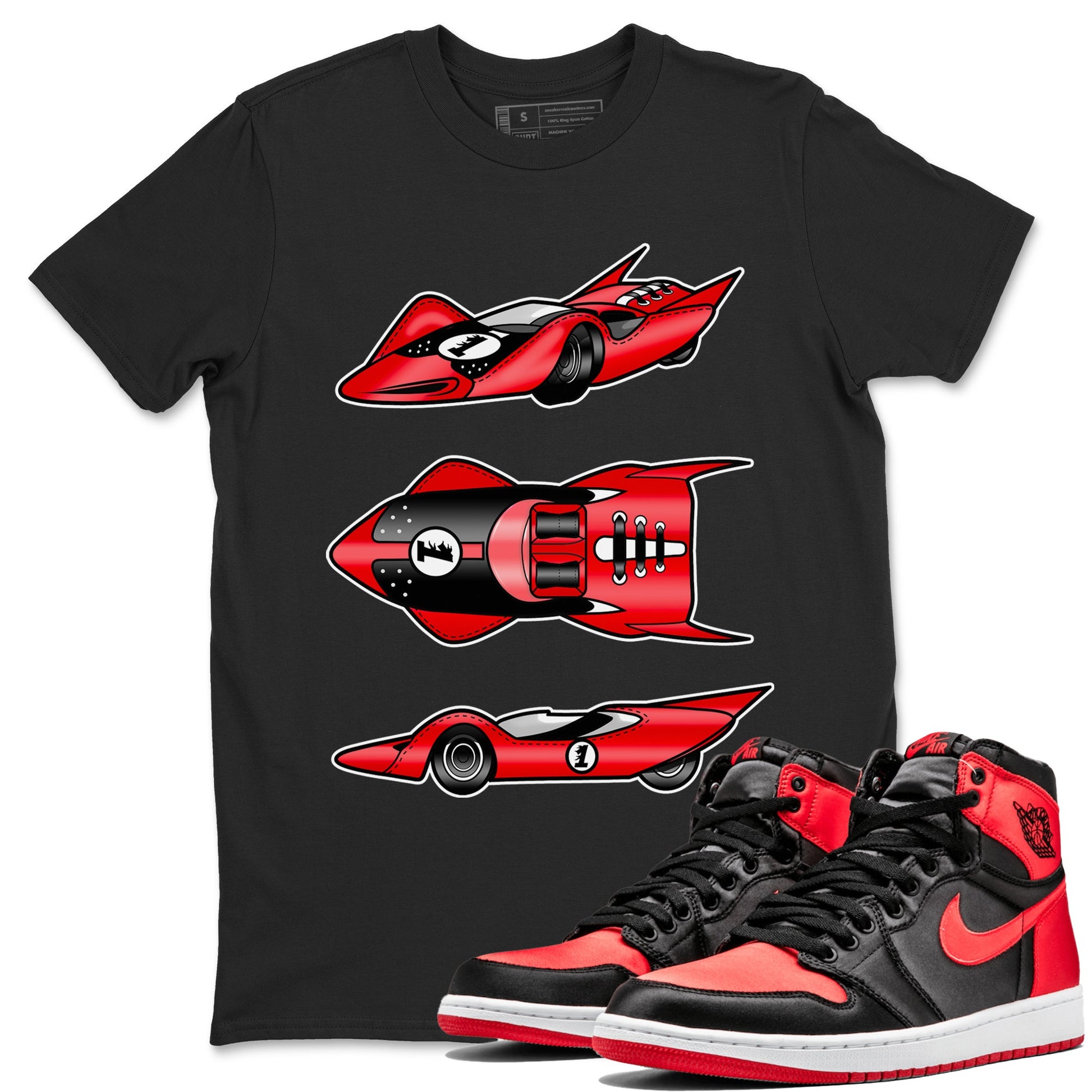 Air Jordan 1 Satin Bred Sneaker Match Tees Race Car Sneaker Tees Jordan 1 High OG Satin Bred Sneaker Release Tees Unisex Shirts Black 1