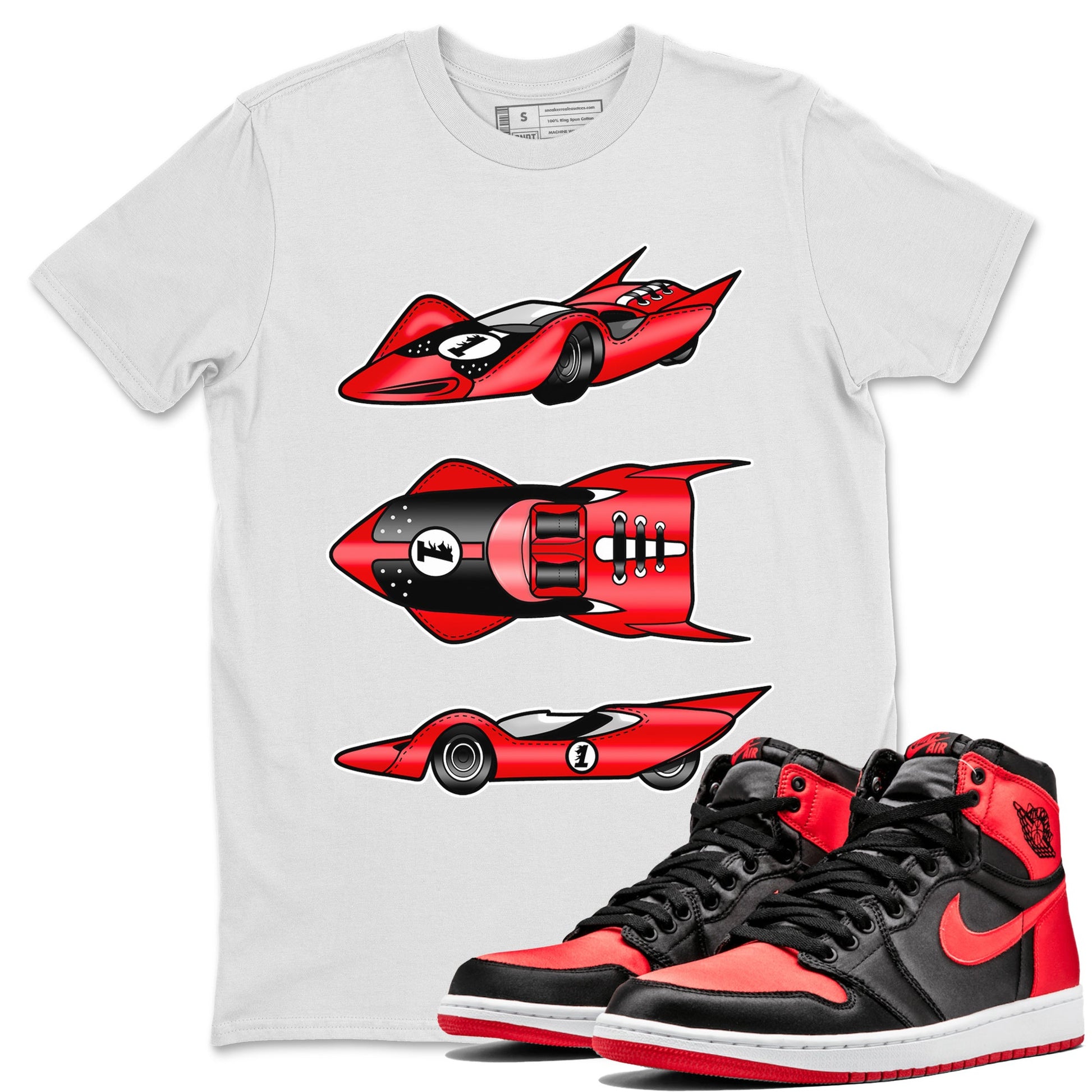 Air Jordan 1 Satin Bred Sneaker Match Tees Race Car Sneaker Tees Jordan 1 High OG Satin Bred Sneaker Release Tees Unisex Shirts White 1