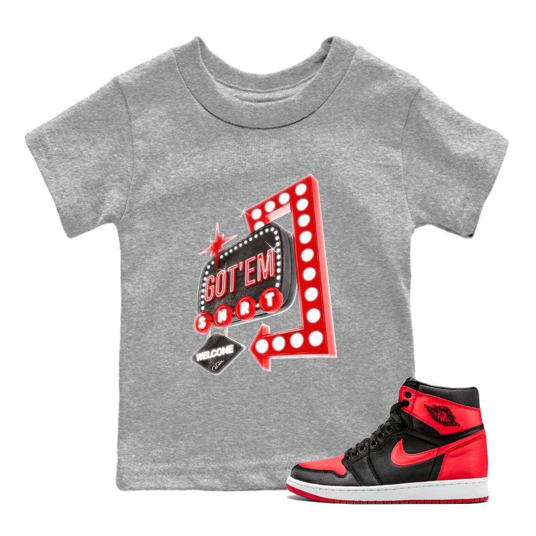Air Jordan 1 Satin Bred shirt to match jordans Retro Neon Sign sneaker tees AJ1 Satin Bred SNRT Sneaker Release Tees Baby Toddler Heather Grey 1 T-Shirt