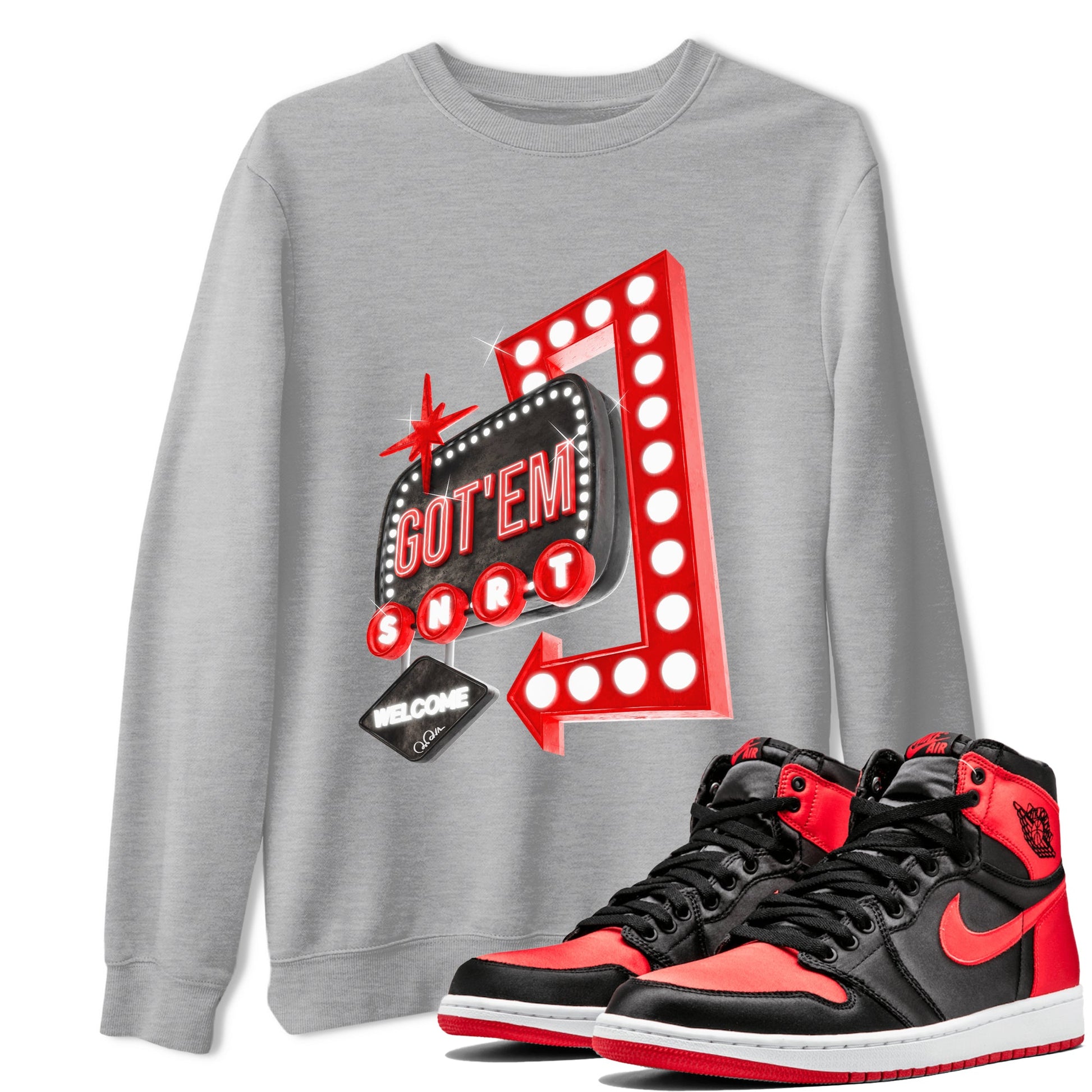 Air Jordan 1 Satin Bred shirt to match jordans Retro Neon Sign sneaker tees AJ1 Satin Bred SNRT Sneaker Release Tees Unisex Heather Grey 1 T-Shirt