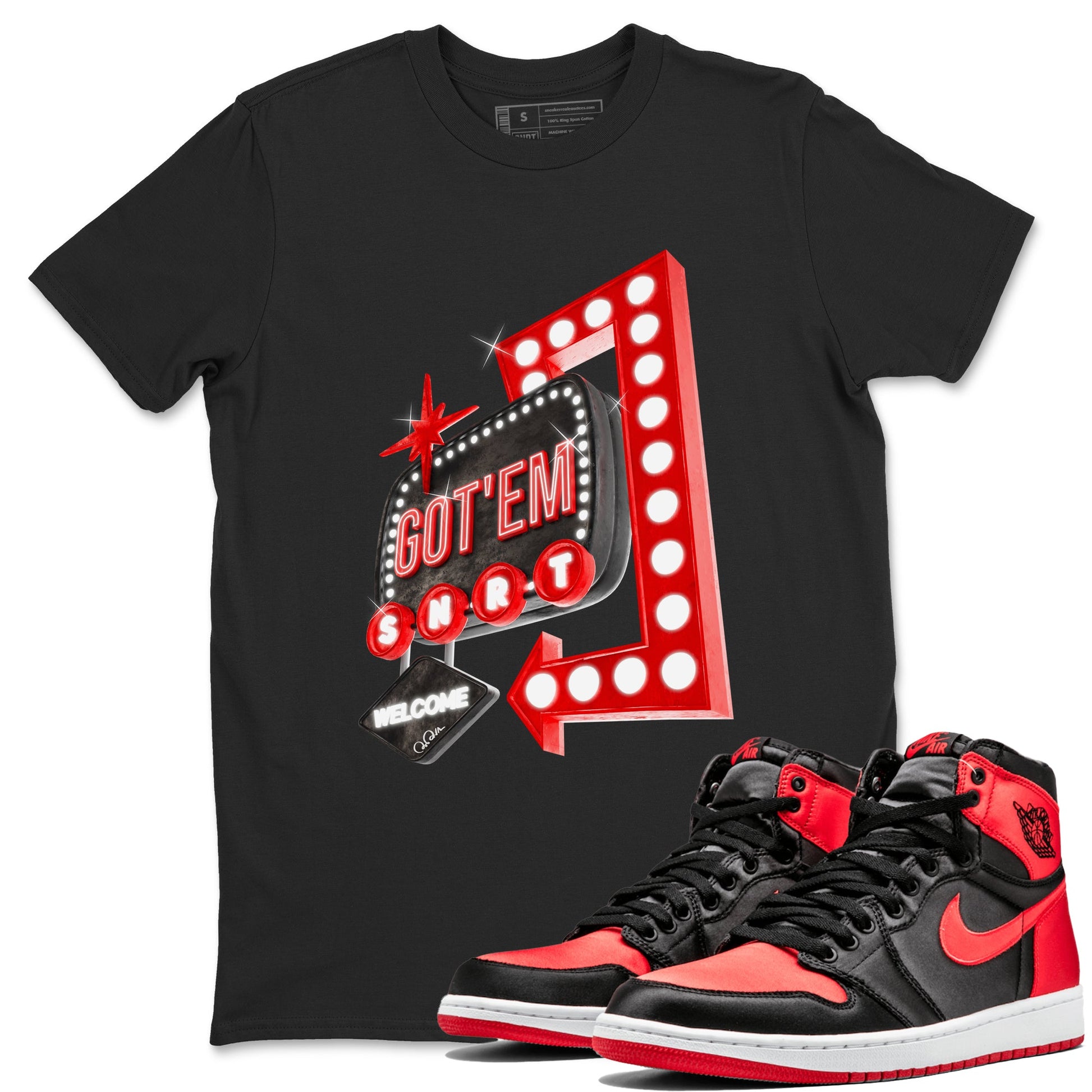 Air Jordan 1 Satin Bred shirt to match jordans Retro Neon Sign sneaker tees AJ1 Satin Bred SNRT Sneaker Release Tees Unisex Black 1 T-Shirt