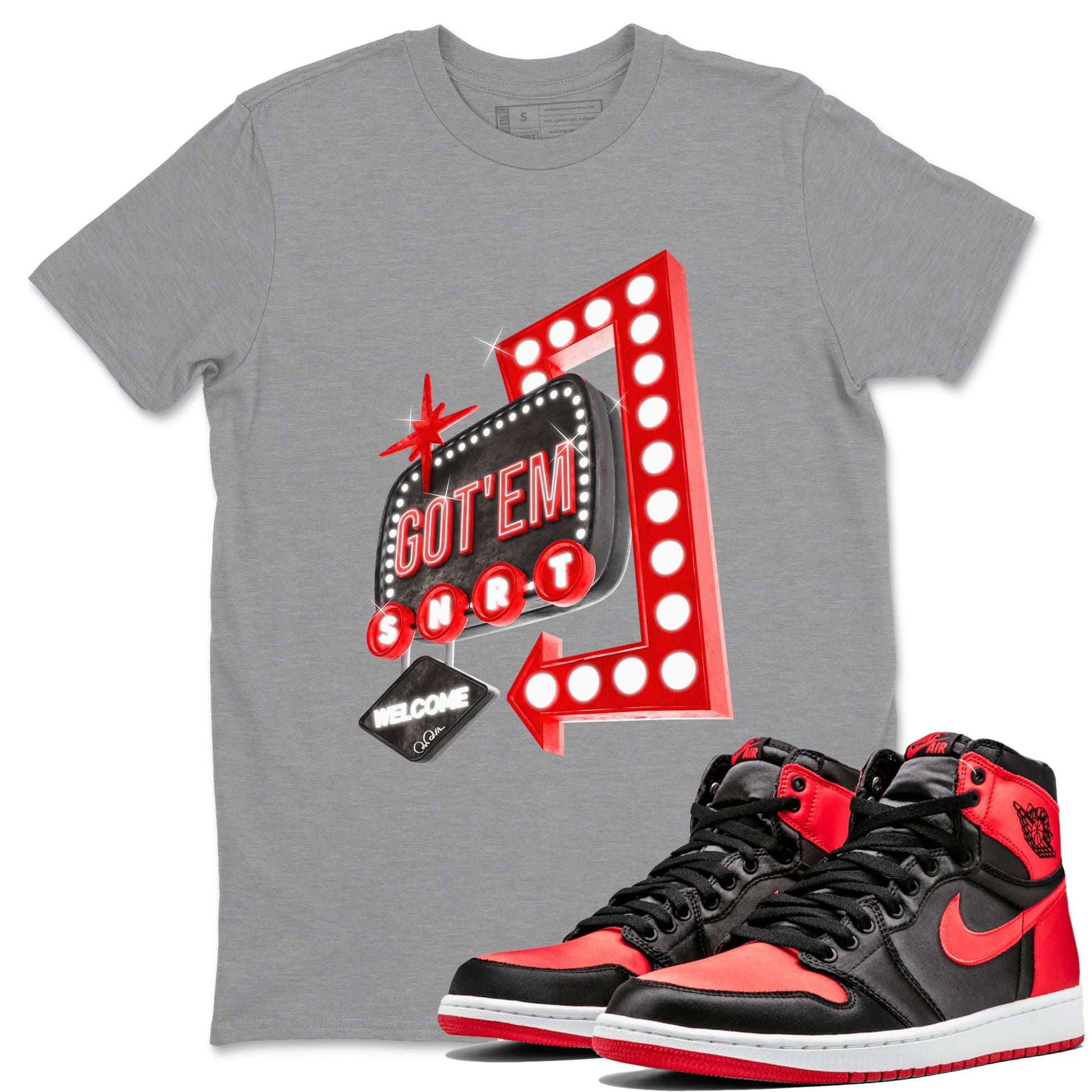 Air Jordan 1 Satin Bred shirt to match jordans Retro Neon Sign sneaker tees AJ1 Satin Bred SNRT Sneaker Release Tees Unisex Heather Grey 1 T-Shirt