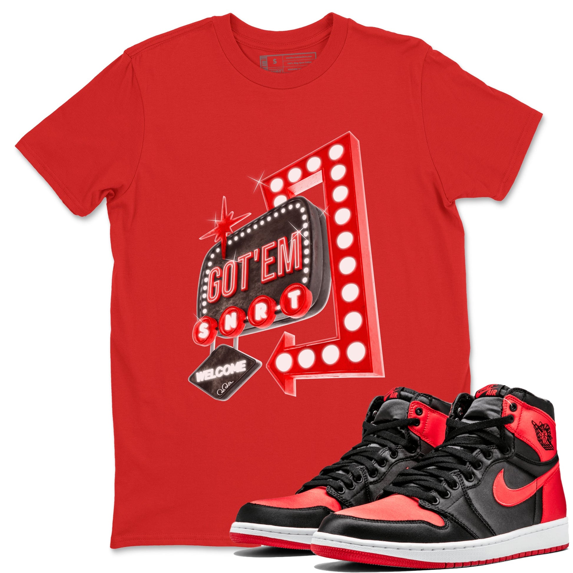 Air Jordan 1 Satin Bred shirt to match jordans Retro Neon Sign sneaker tees AJ1 Satin Bred SNRT Sneaker Release Tees Unisex Red 1 T-Shirt