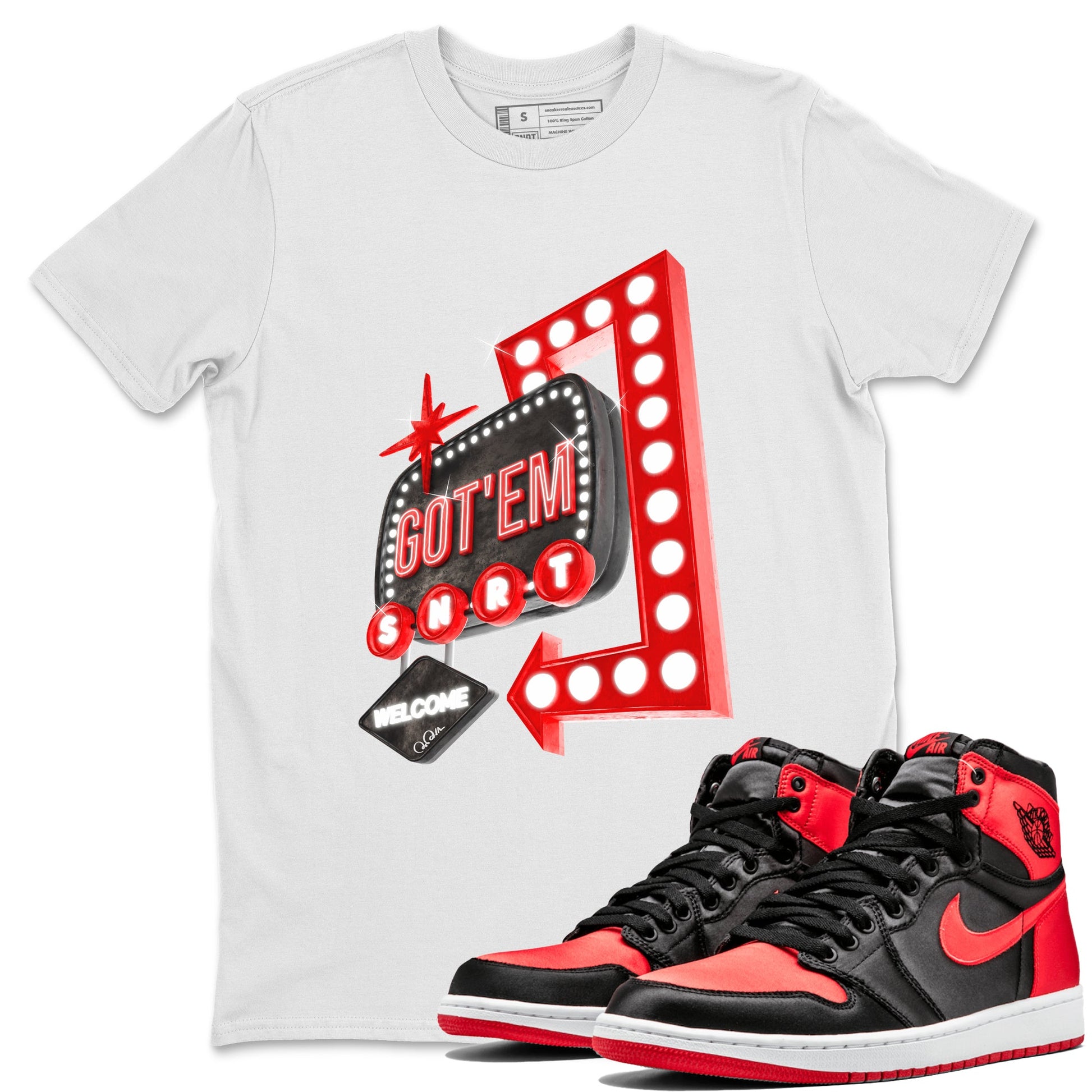 Air Jordan 1 Satin Bred shirt to match jordans Retro Neon Sign sneaker tees AJ1 Satin Bred SNRT Sneaker Release Tees Unisex White 1 T-Shirt