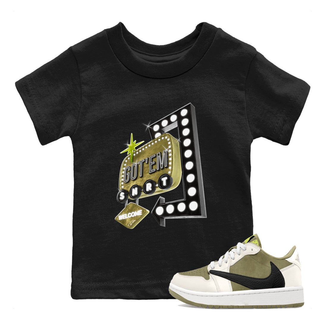 Air Jordan 1 Travis Scott Golf Olive shirt to match jordans Retro Neon Sign sneaker tees AJ1 Travis Scott Golf Olive SNRT Sneaker Release Tees Baby Toddler Black 1 T-Shirt