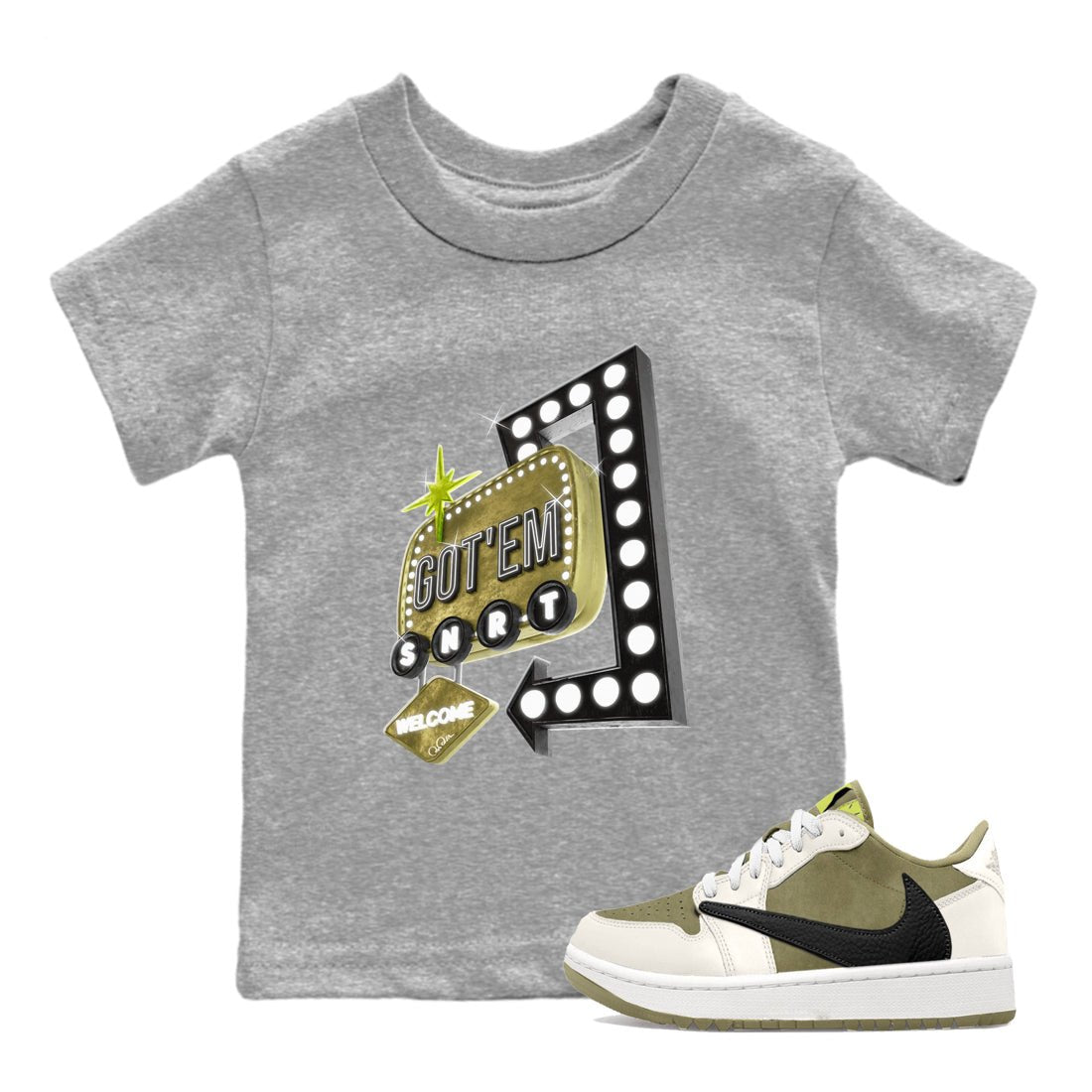 Air Jordan 1 Travis Scott Golf Olive shirt to match jordans Retro Neon Sign sneaker tees AJ1 Travis Scott Golf Olive SNRT Sneaker Release Tees Baby Toddler Heather Grey 1 T-Shirt