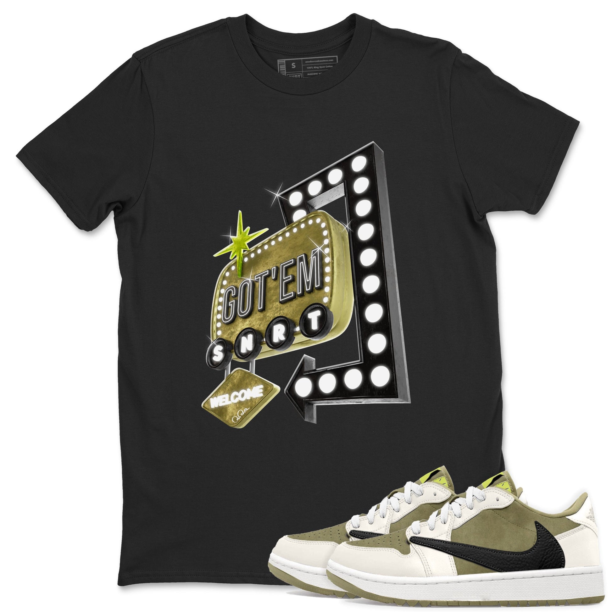 Air Jordan 1 Travis Scott Golf Olive shirt to match jordans Retro Neon Sign sneaker tees AJ1 Travis Scott Golf Olive SNRT Sneaker Release Tees Unisex Black 1 T-Shirt