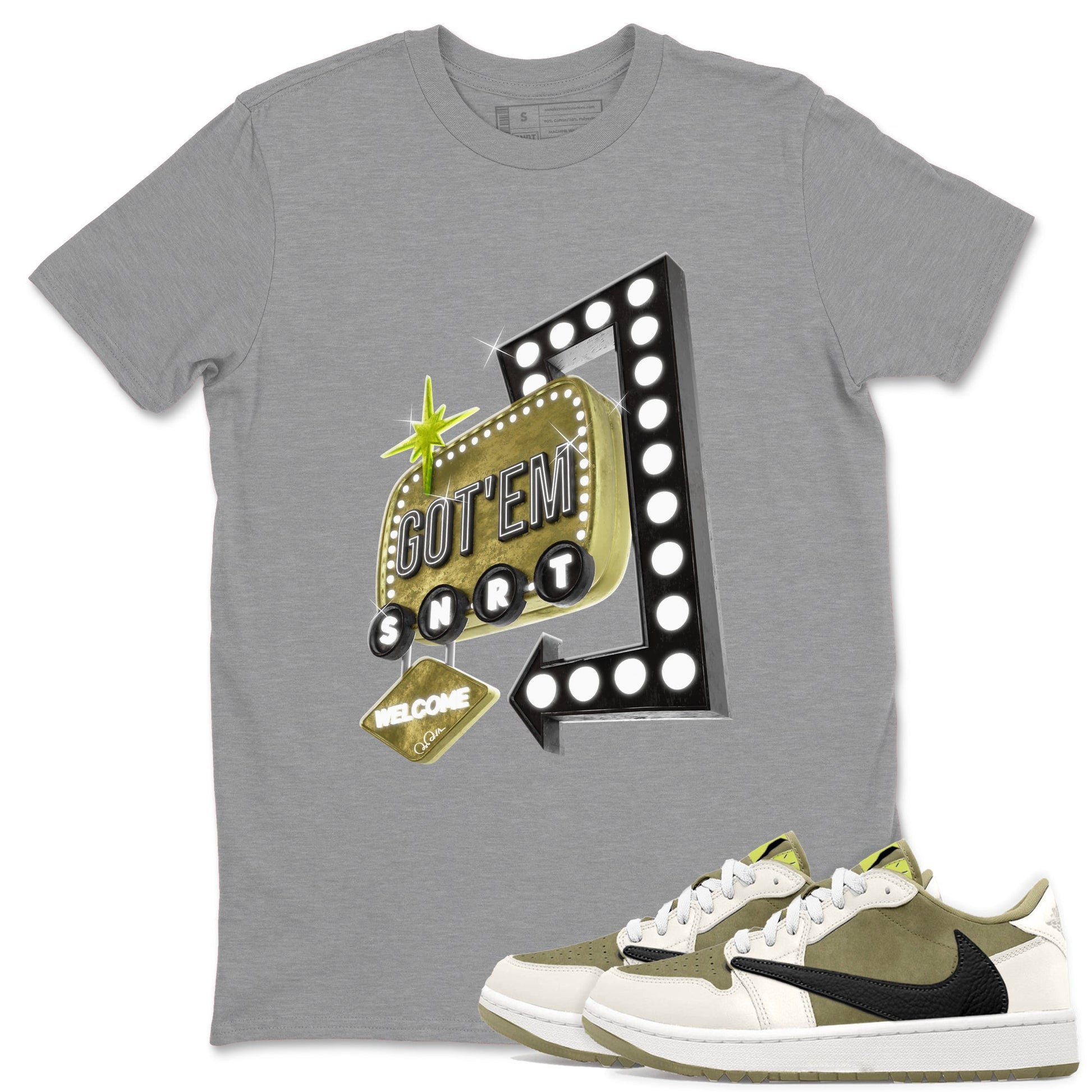 Air Jordan 1 Travis Scott Golf Olive shirt to match jordans Retro Neon Sign sneaker tees AJ1 Travis Scott Golf Olive SNRT Sneaker Release Tees Unisex Heather Grey 1 T-Shirt