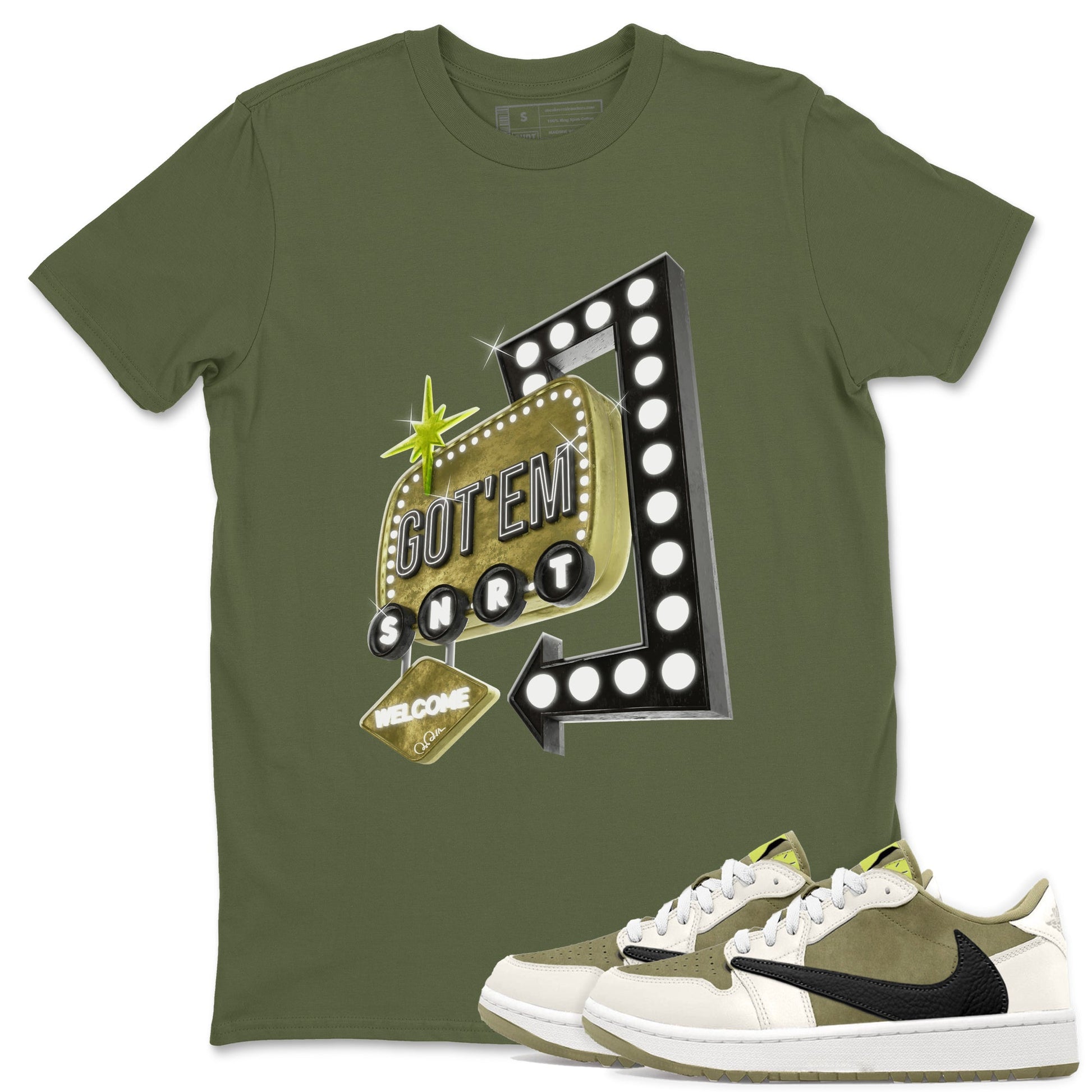 Air Jordan 1 Travis Scott Golf Olive shirt to match jordans Retro Neon Sign sneaker tees AJ1 Travis Scott Golf Olive SNRT Sneaker Release Tees Unisex Military Green 1 T-Shirt