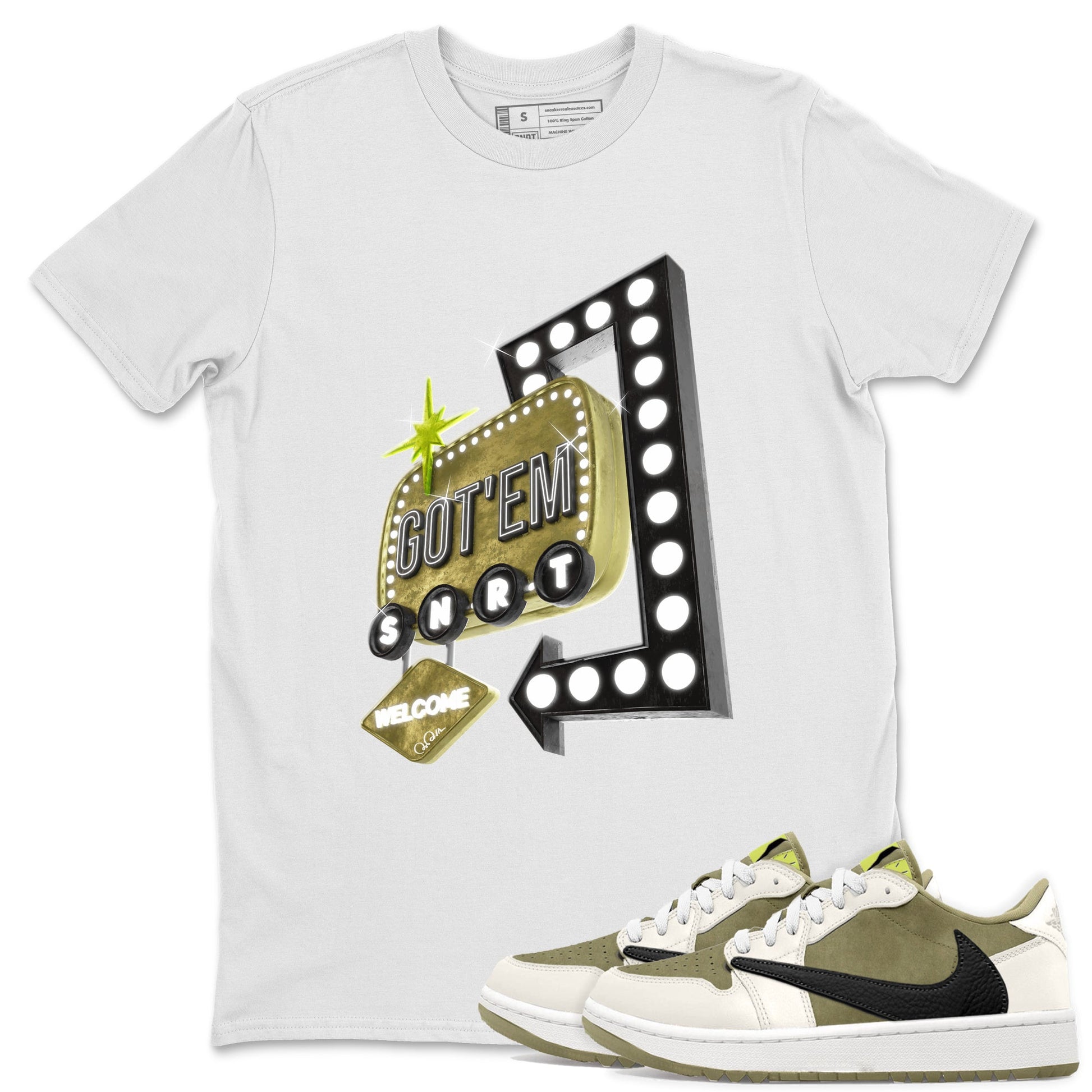 Air Jordan 1 Travis Scott Golf Olive shirt to match jordans Retro Neon Sign sneaker tees AJ1 Travis Scott Golf Olive SNRT Sneaker Release Tees Unisex White 1 T-Shirt