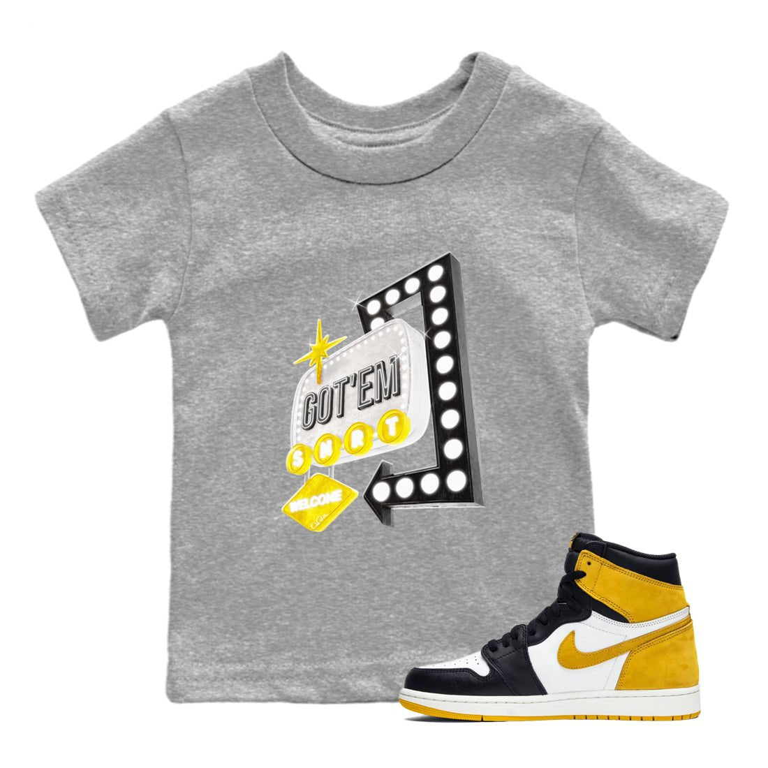 1s Yellow Ochre shirt to match jordans Retro Neon Sign sneaker tees Air Jordan 1 Yellow Ochre SNRT sneaker release tees baby toddler Heather Grey 1 cotton Shirt