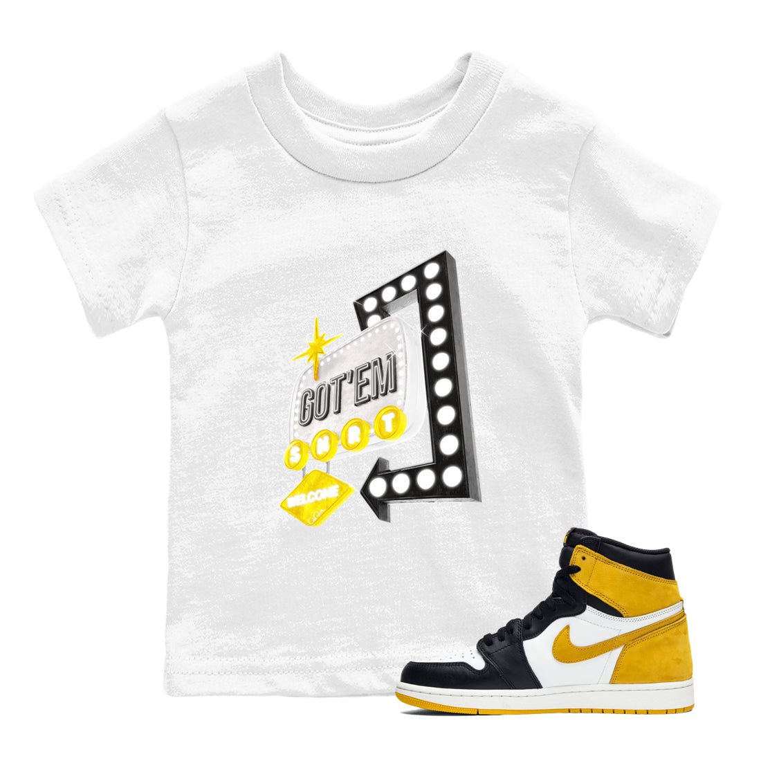 1s Yellow Ochre shirt to match jordans Retro Neon Sign sneaker tees Air Jordan 1 Yellow Ochre SNRT sneaker release tees baby toddler White 1 cotton Shirt
