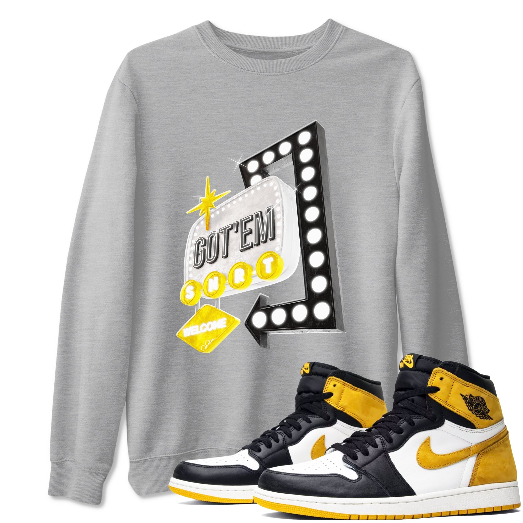 1s Yellow Ochre shirt to match jordans Retro Neon Sign sneaker tees Air Jordan 1 Yellow Ochre SNRT Sneaker Release Tees unisex cotton Heather Grey 1 crew neck shirt