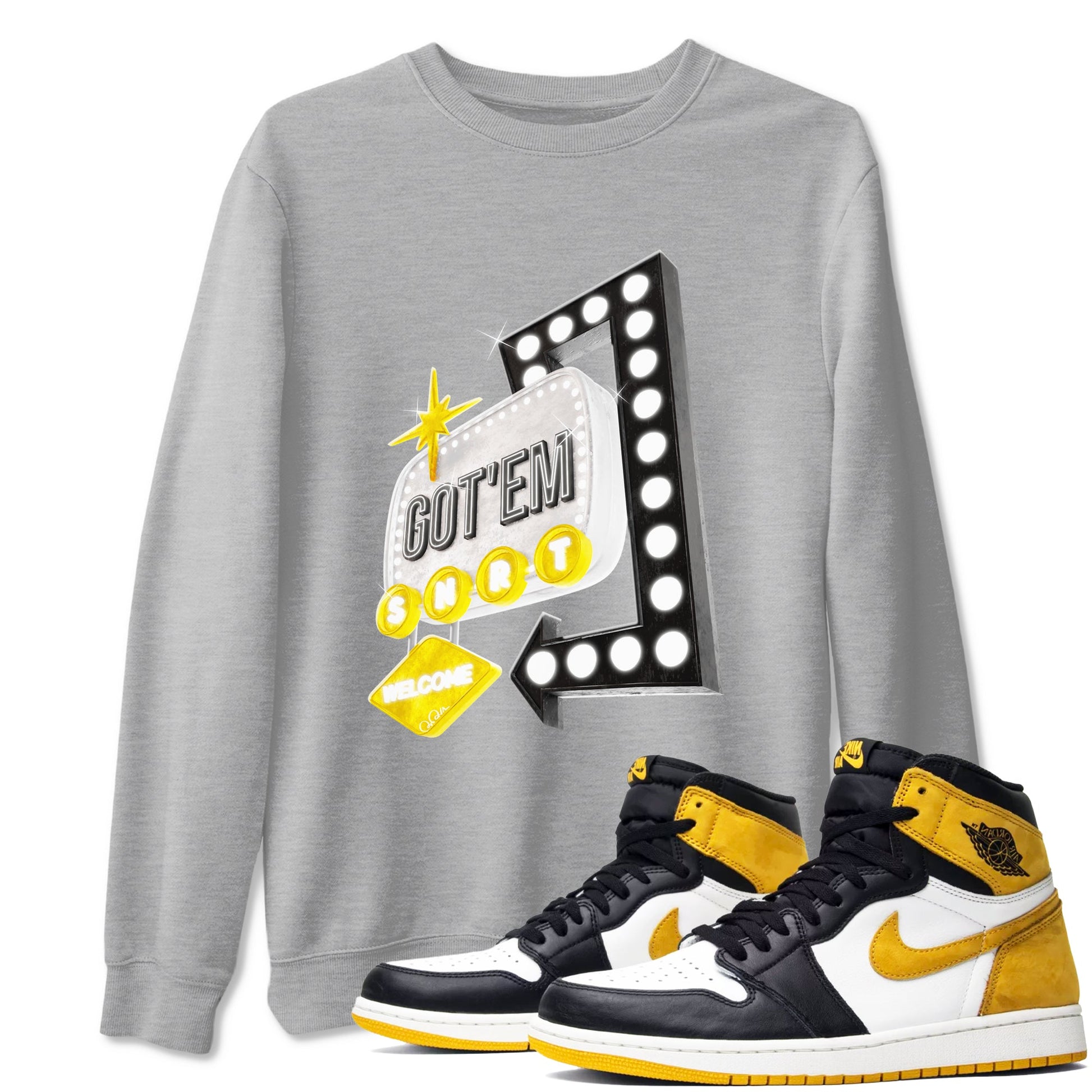 1s Yellow Ochre shirt to match jordans Retro Neon Sign sneaker tees Air Jordan 1 Yellow Ochre SNRT Sneaker Release Tees unisex cotton Heather Grey 1 crew neck shirt
