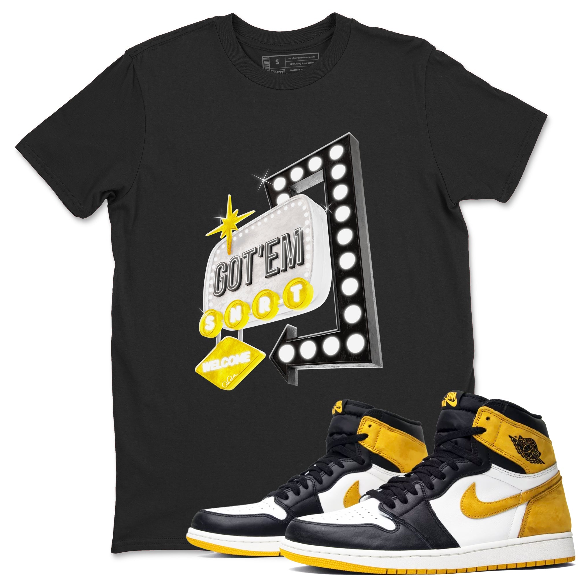 1s Yellow Ochre shirt to match jordans Retro Neon Sign sneaker tees Air Jordan 1 Yellow Ochre SNRT Sneaker Release Tees unisex cotton Black 1 crew neck shirt