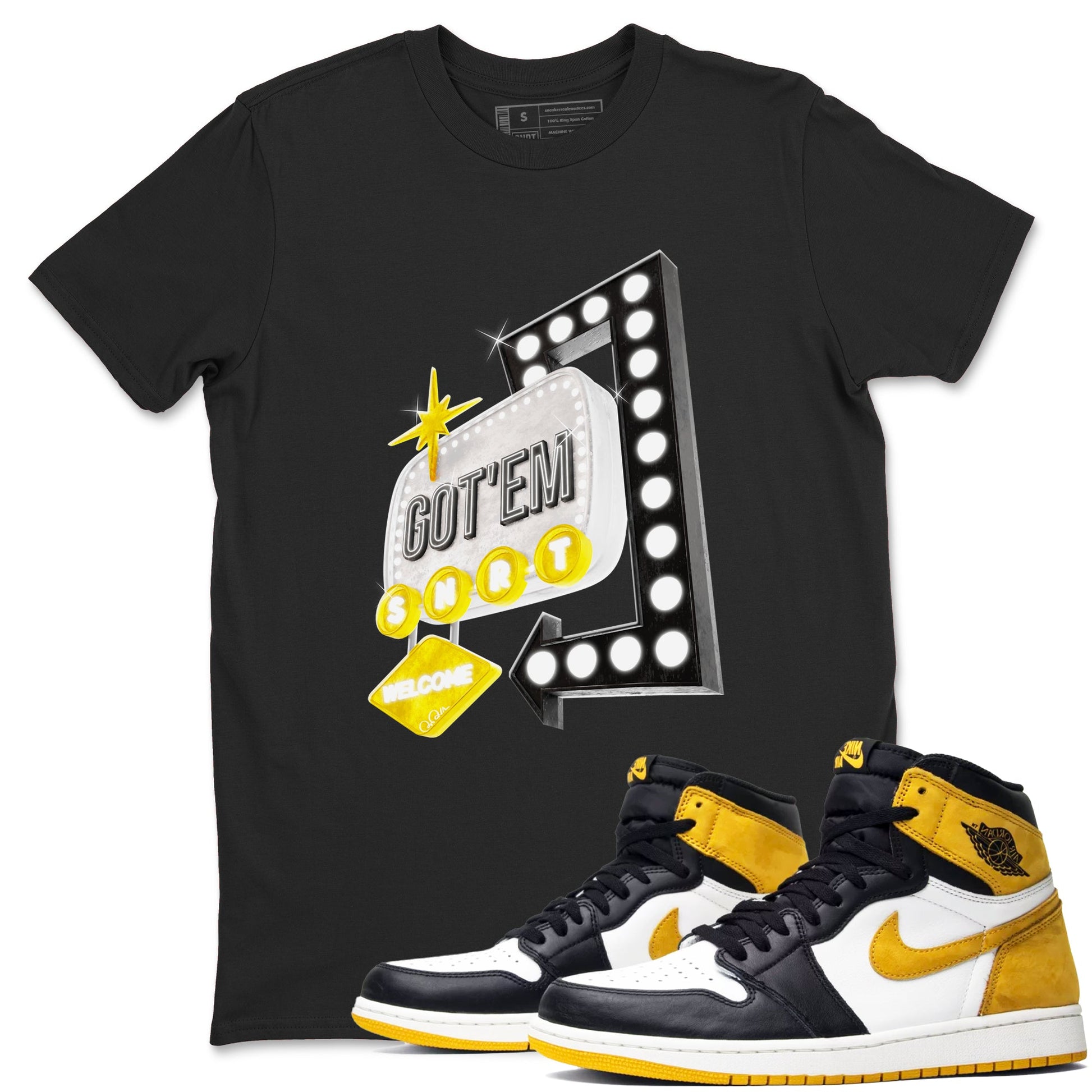 1s Yellow Ochre shirt to match jordans Retro Neon Sign sneaker tees Air Jordan 1 Yellow Ochre SNRT Sneaker Release Tees unisex cotton Black 1 crew neck shirt