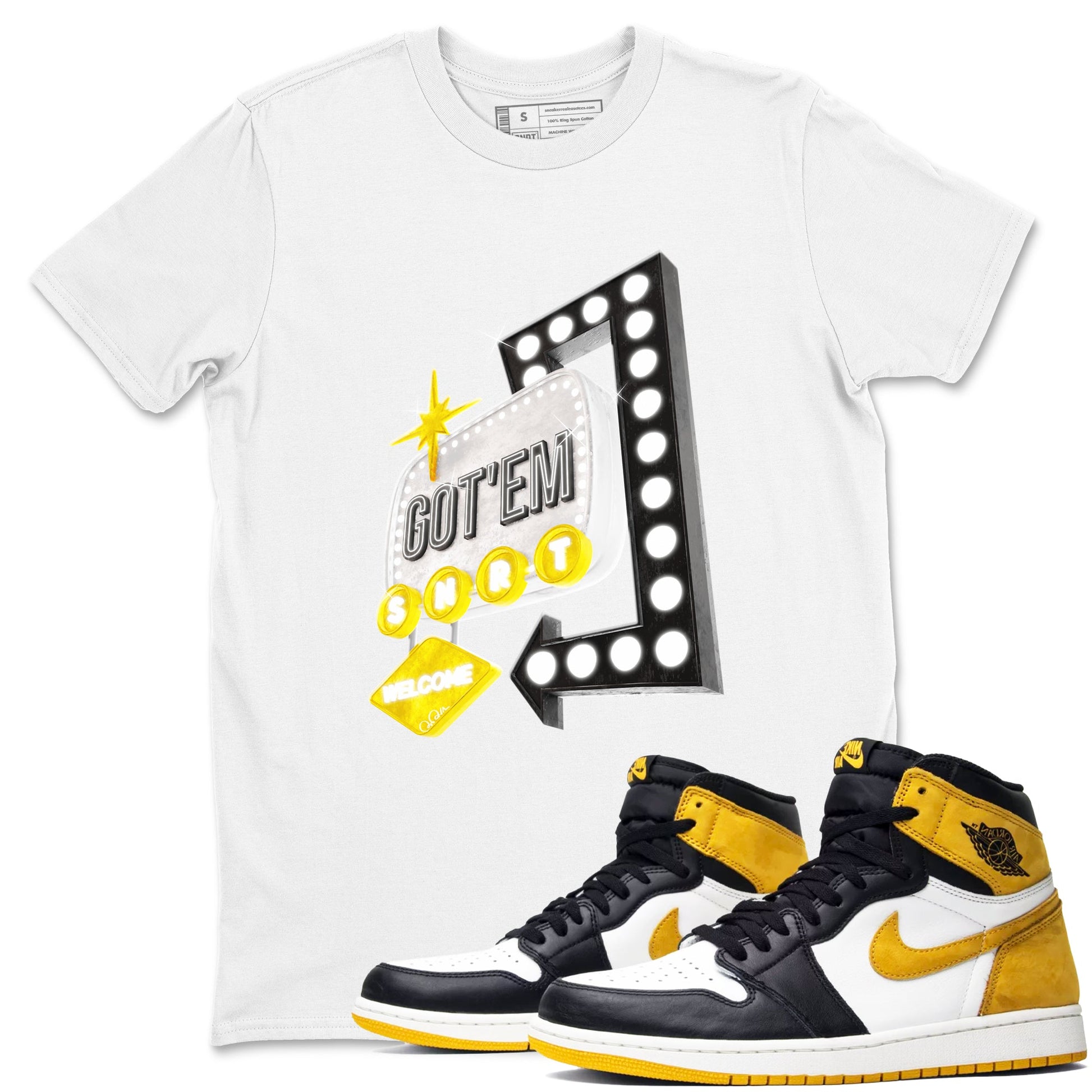 1s Yellow Ochre shirt to match jordans Retro Neon Sign sneaker tees Air Jordan 1 Yellow Ochre SNRT Sneaker Release Tees unisex cotton White 1 crew neck shirt