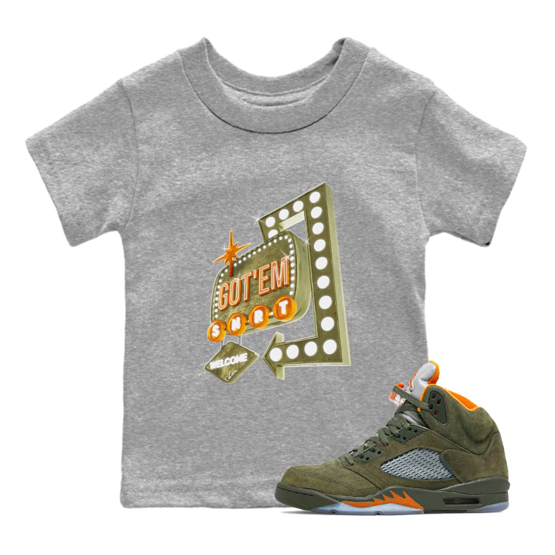 5s Olive shirt to match jordans Retro Neon Sign sneaker tees Air Jordan 5 Olive SNRT sneaker release tees baby toddler Heather Grey 1 cotton Shirt