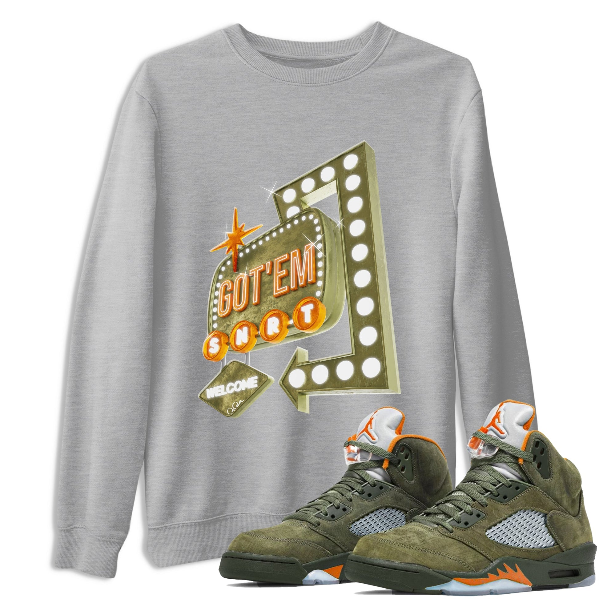 5s Olive shirt to match jordans Retro Neon Sign sneaker tees Air Jordan 5 Olive SNRT Sneaker Release Tees unisex cotton Heather Grey 1 crew neck shirt