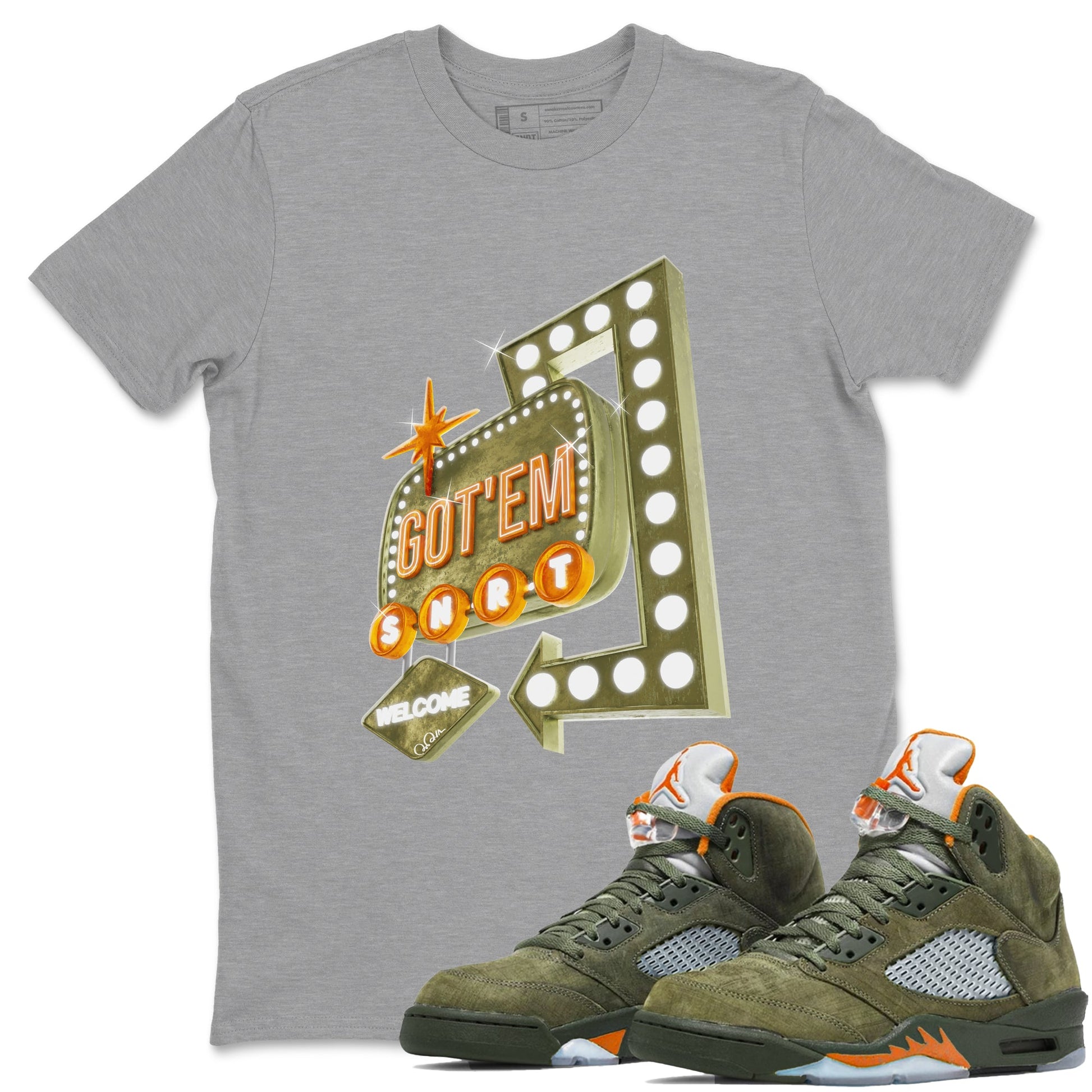 5s Olive shirt to match jordans Retro Neon Sign sneaker tees Air Jordan 5 Olive SNRT Sneaker Release Tees unisex cotton Heather Grey 1 crew neck shirt