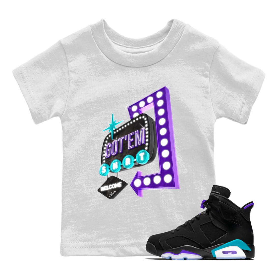 Air Jordan 6 Aqua shirt to match jordans Retro Neon Sign sneaker tees AJ6 Aqua SNRT Sneaker Release Tees Baby Toddler White 1 T-Shirt