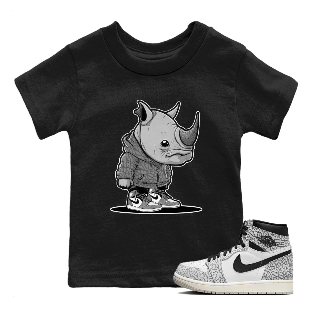 Air Jordan 1 White Cement Sneaker Match Tees Rhino Boy Sneaker Tees Air Jordan 1 White Cement Sneaker Release Tees Kids Shirts Black 1