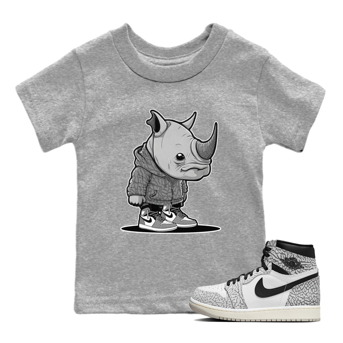 Air Jordan 1 White Cement Sneaker Match Tees Rhino Boy Sneaker Tees Air Jordan 1 White Cement Sneaker Release Tees Kids Shirts Heather Grey 1