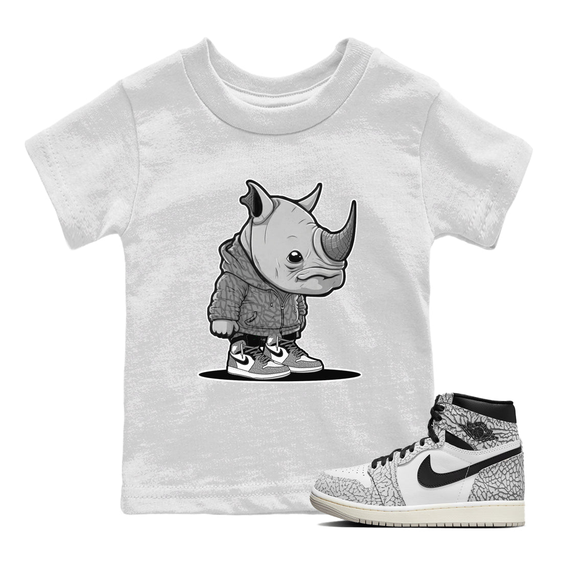 Air Jordan 1 White Cement Sneaker Match Tees Rhino Boy Sneaker Tees Air Jordan 1 White Cement Sneaker Release Tees Kids Shirts White 1