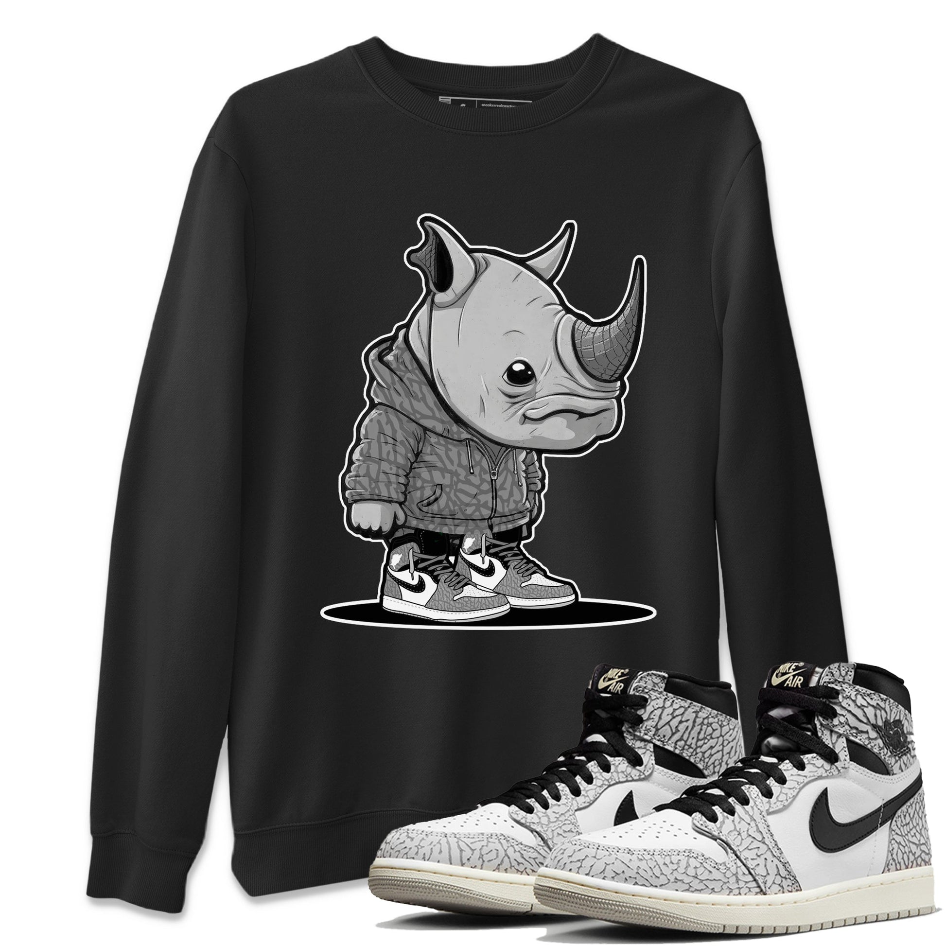 Air Jordan 1 White Cement Sneaker Match Tees Rhino Boy Sneaker Tees Air Jordan 1 White Cement Sneaker Release Tees Unisex Shirts Black 1