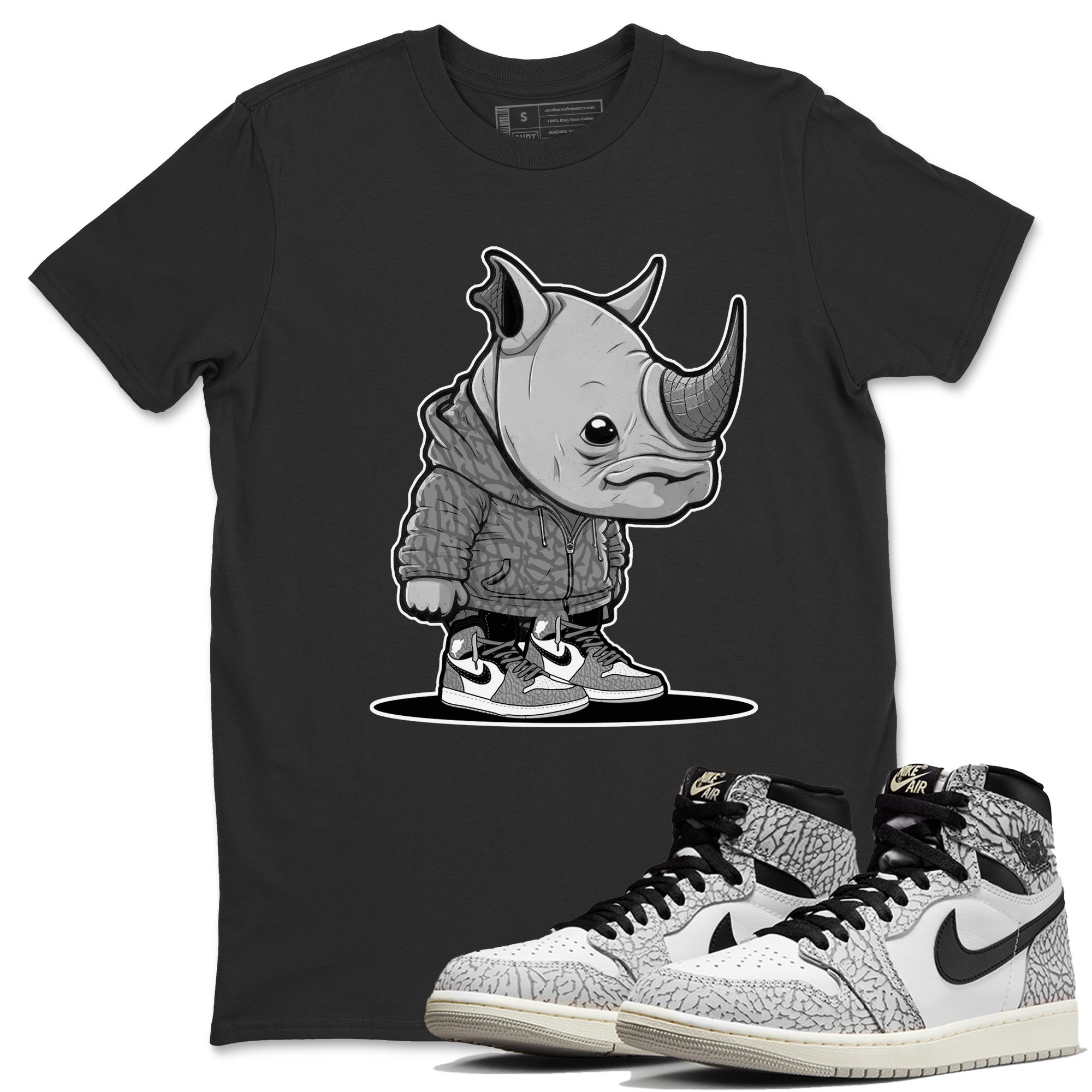 Air Jordan 1 White Cement Sneaker Match Tees Rhino Boy Sneaker Tees Air Jordan 1 White Cement Sneaker Release Tees Unisex Shirts Black 1
