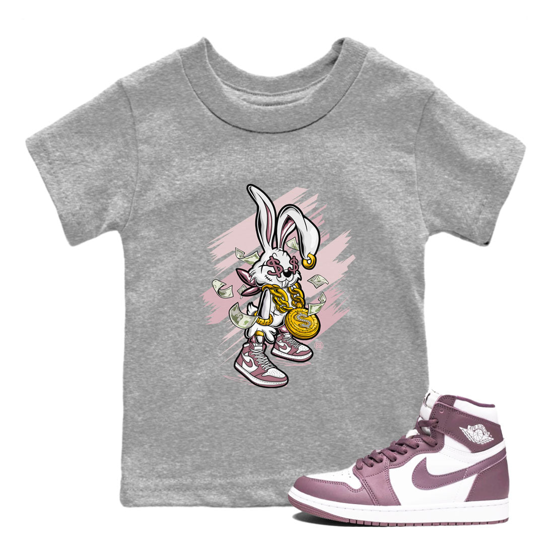 Jordan 1 High OG Mauve shirt to match jordans Rich Bunny sneaker tees Air Jordan 1 Mauve SNRT Sneaker Tees Casual Crew Neck T-Shirt Baby Toddler Heather Grey 1 T-Shirt